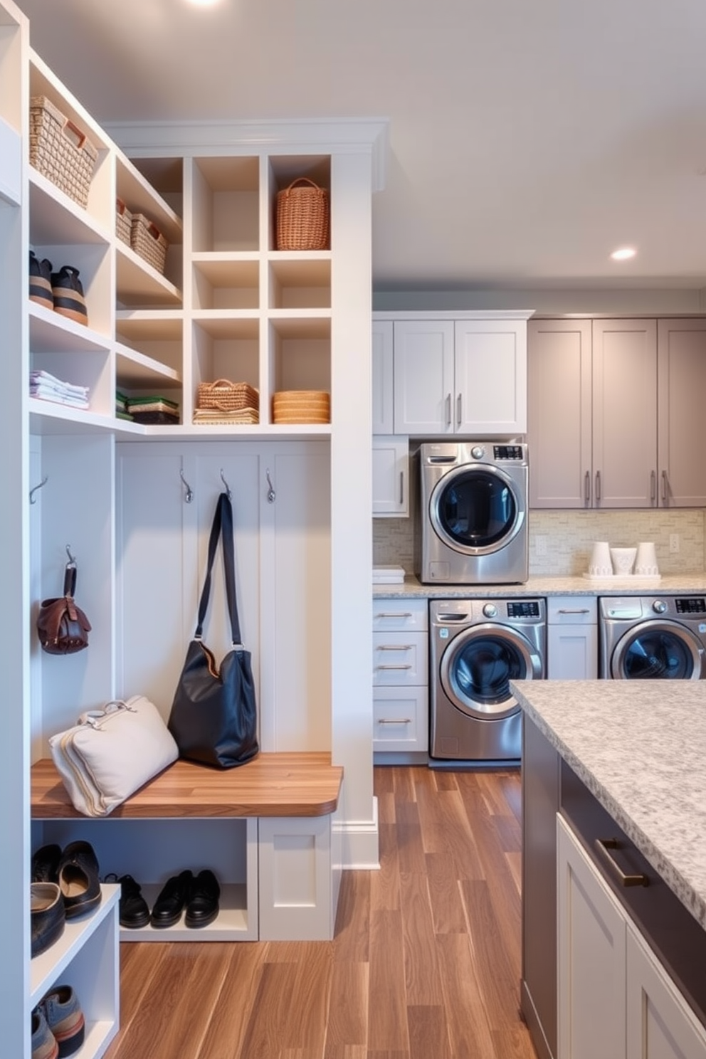 Open shelving lines the walls of a functional mudroom, providing easy access to essentials like shoes and outdoor gear. The space features a stylish bench for seating, with hooks above for hanging coats and bags. In the laundry room, a combination of open shelving and cabinets creates an organized and efficient environment. A sleek washer and dryer are positioned side by side, with a countertop above for folding clothes and a decorative basket for storage.