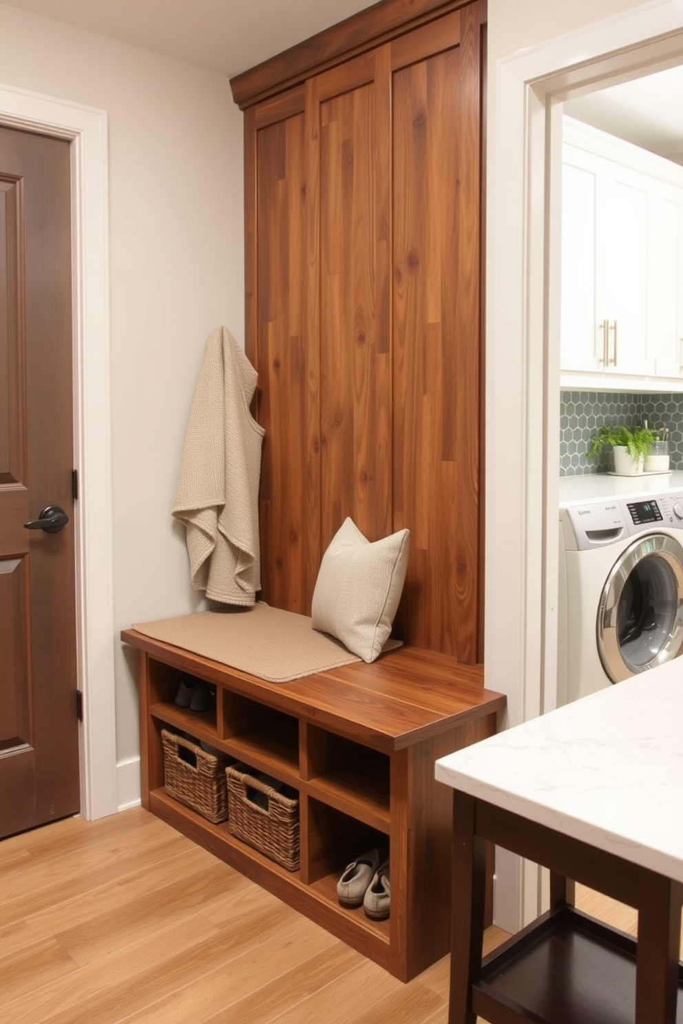 A mudroom bench with shoe storage is designed for both functionality and style. The bench is crafted from reclaimed wood and features a comfortable cushion in a neutral fabric, while the shoe storage underneath is organized with baskets for easy access. In the laundry room, the design incorporates a spacious countertop for folding clothes. Sleek cabinetry provides ample storage, and a stylish backsplash adds a pop of color to the space.