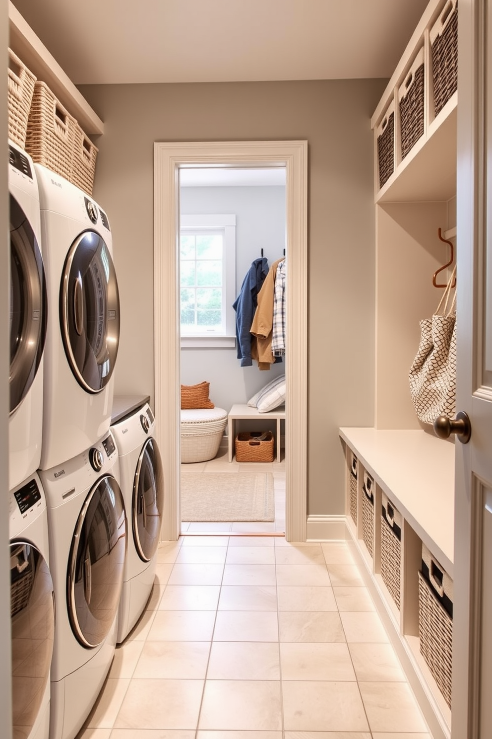 A functional mudroom with durable tile flooring that is easy to clean. The space features built-in storage benches and hooks for coats, with natural light streaming in from a nearby window. The laundry room is designed with efficiency in mind, showcasing a large countertop for folding clothes. Cabinets above the washer and dryer provide ample storage for laundry essentials, while a stylish backsplash adds a touch of elegance.