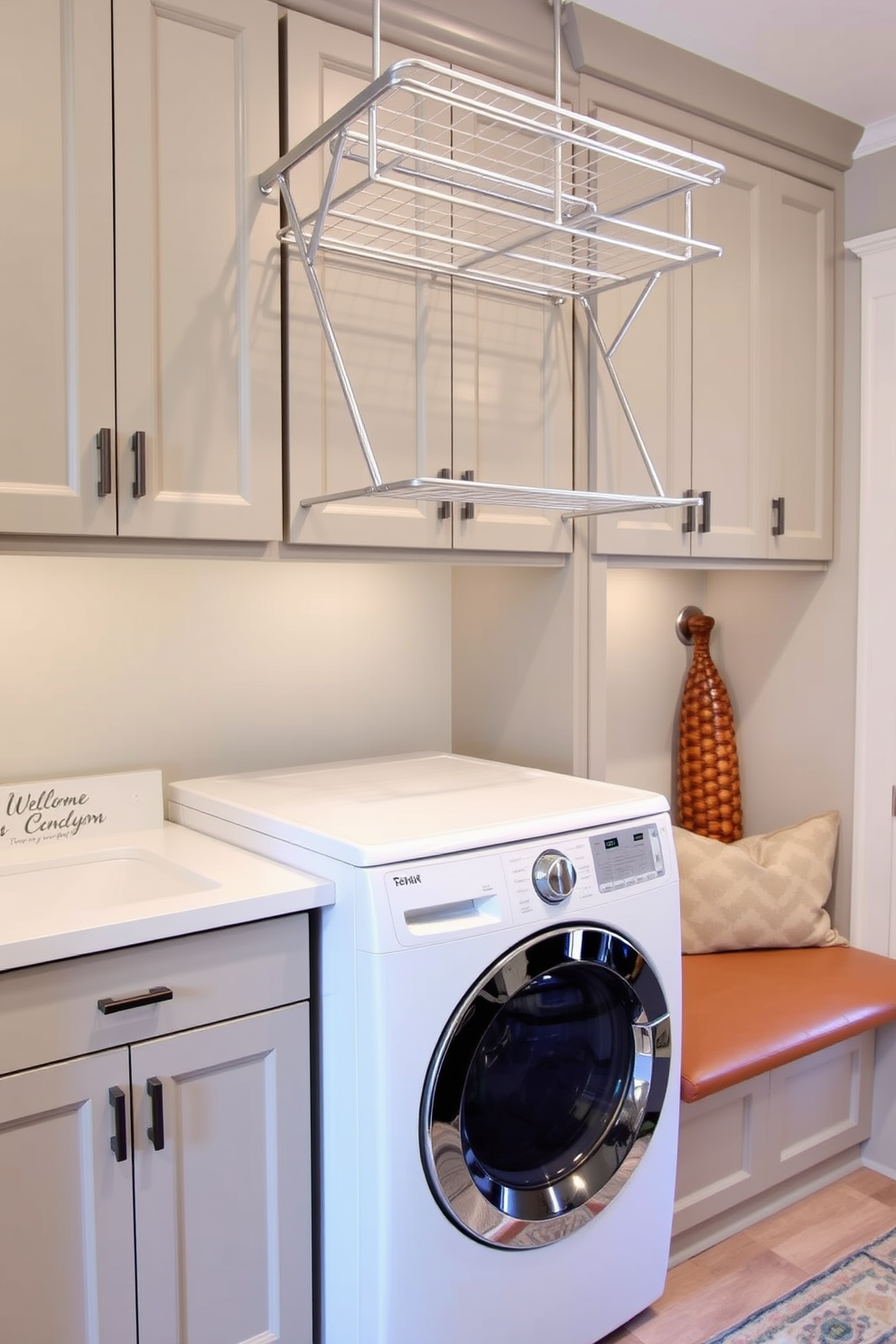 A functional mudroom laundry room features an integrated drying rack positioned elegantly above the washer. The space is designed with ample storage, including built-in cabinets and a bench for convenience, creating an organized and welcoming atmosphere.