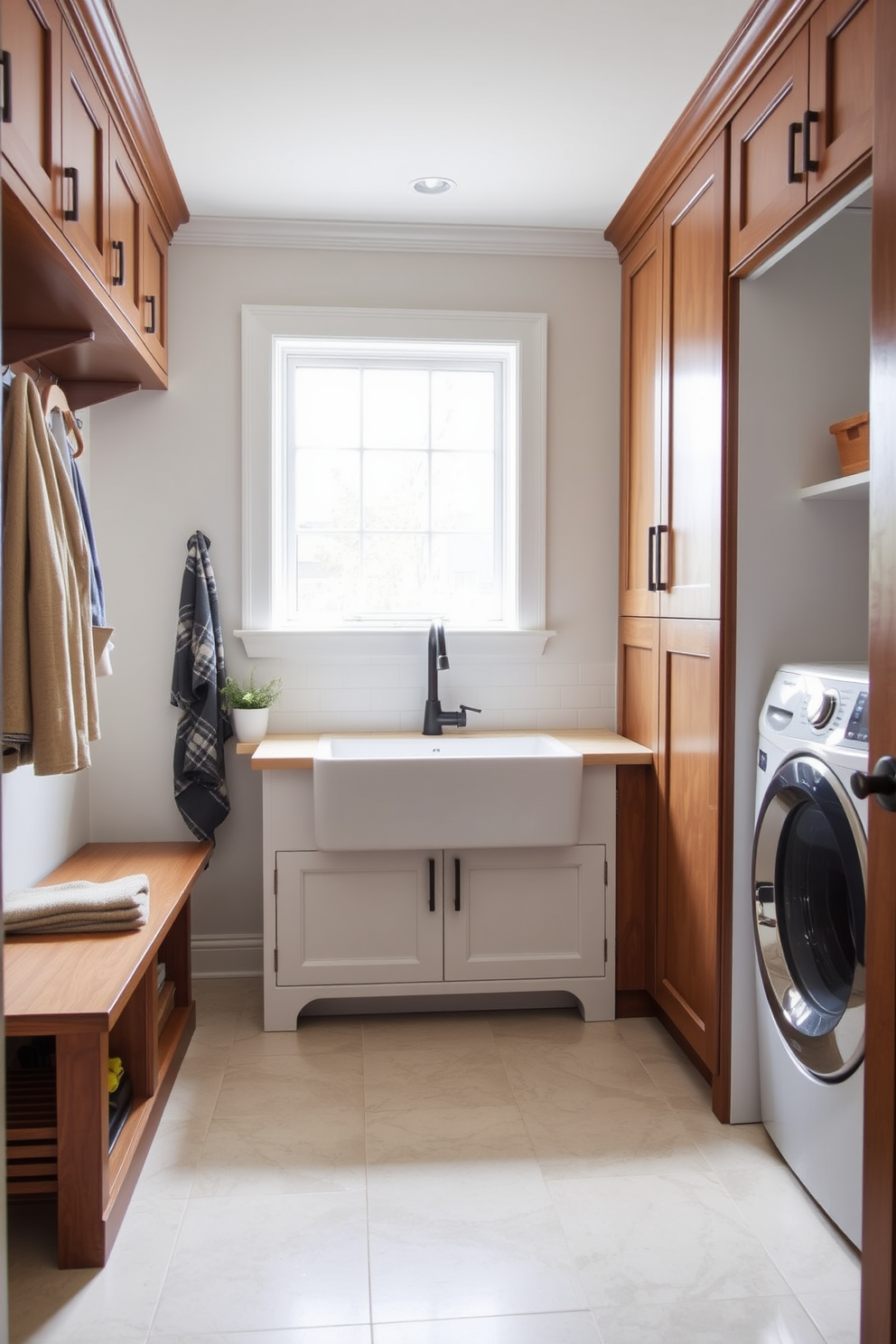 A cozy mudroom featuring a large farmhouse sink made of porcelain, perfect for practicality and easy cleanup. The room is adorned with wooden cabinets and hooks for coats, while a bench with storage underneath provides a welcoming touch. The laundry area includes a stylish washer and dryer set, neatly tucked away in cabinetry that matches the mudroom decor. Bright, natural light floods the space through a window, enhancing the inviting atmosphere.