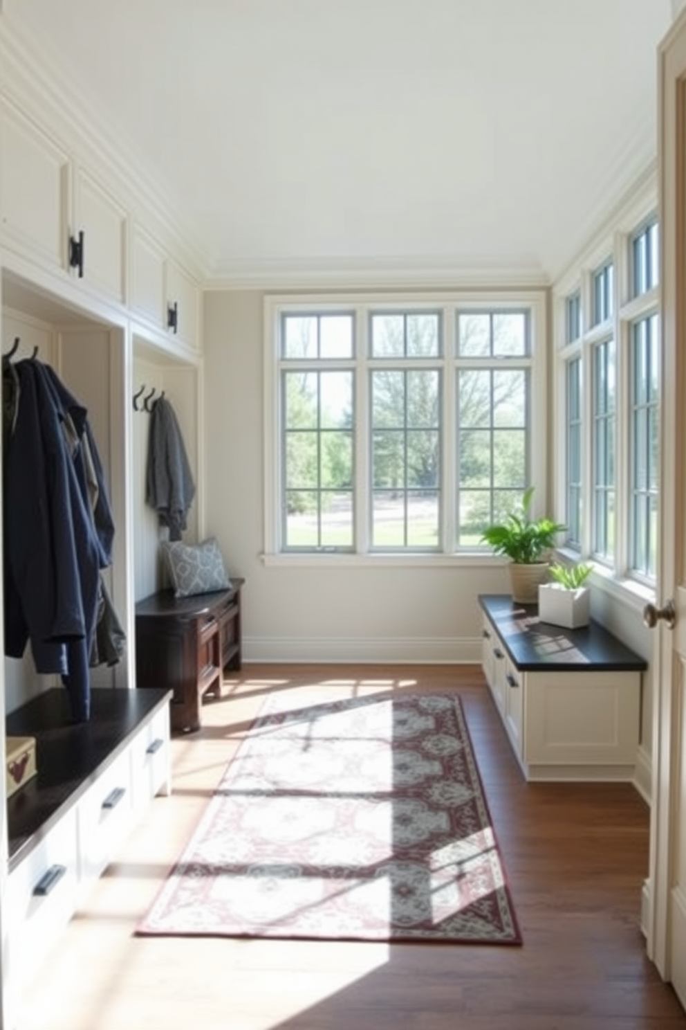 A bright and inviting mudroom located adjacent to the dining room features large windows that allow natural light to flood the space. The room is designed with built-in storage benches, hooks for coats, and a stylish area rug that complements the overall decor of the home.