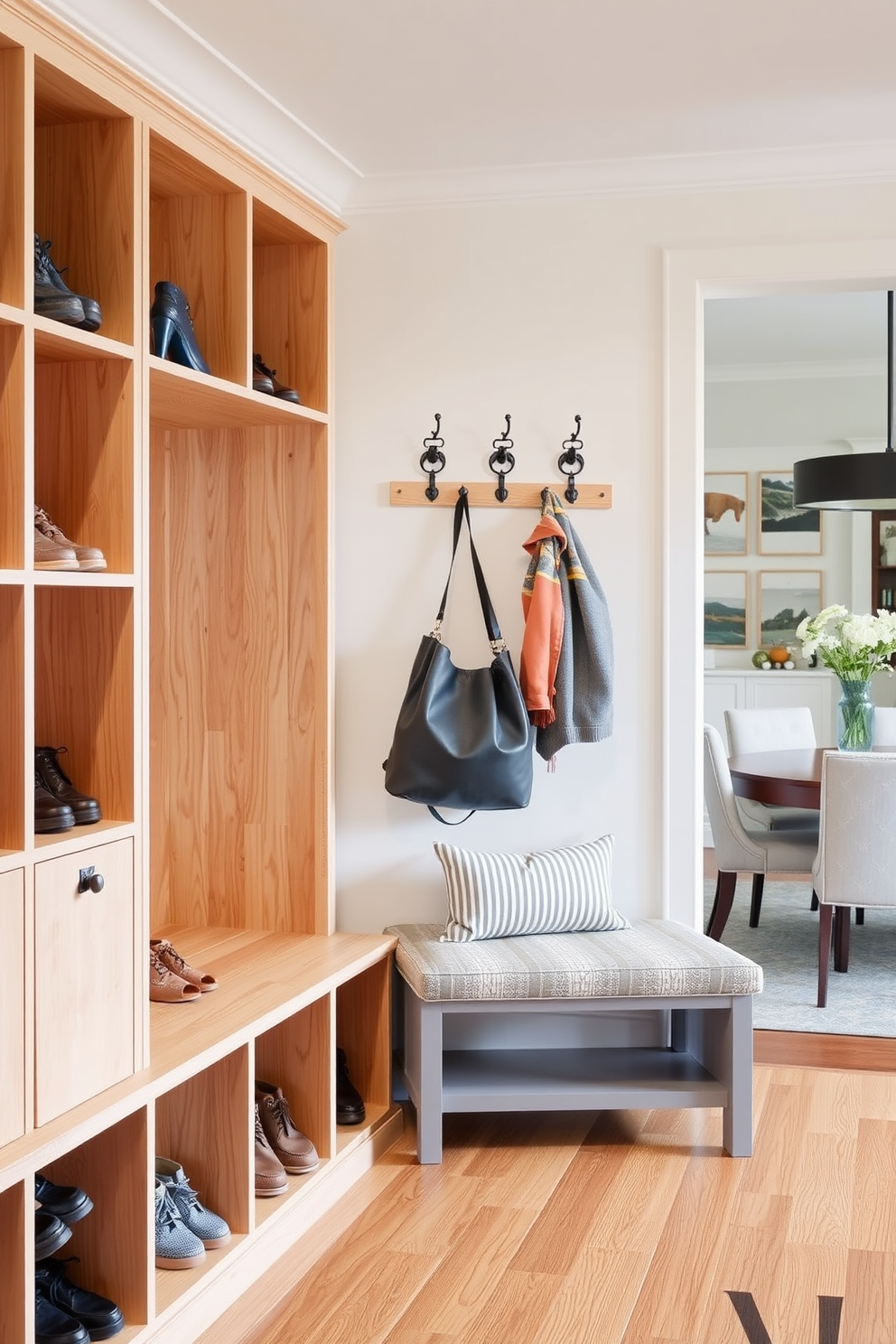 A functional mudroom design featuring cubbies tailored for each family member's items. The space includes a built-in bench with plush cushions and hooks for hanging coats, creating an organized and inviting entryway. The walls are painted in a warm neutral tone, complemented by durable flooring that can withstand heavy foot traffic. Decorative baskets are placed in the cubbies, adding a touch of style while keeping belongings neatly stored away.