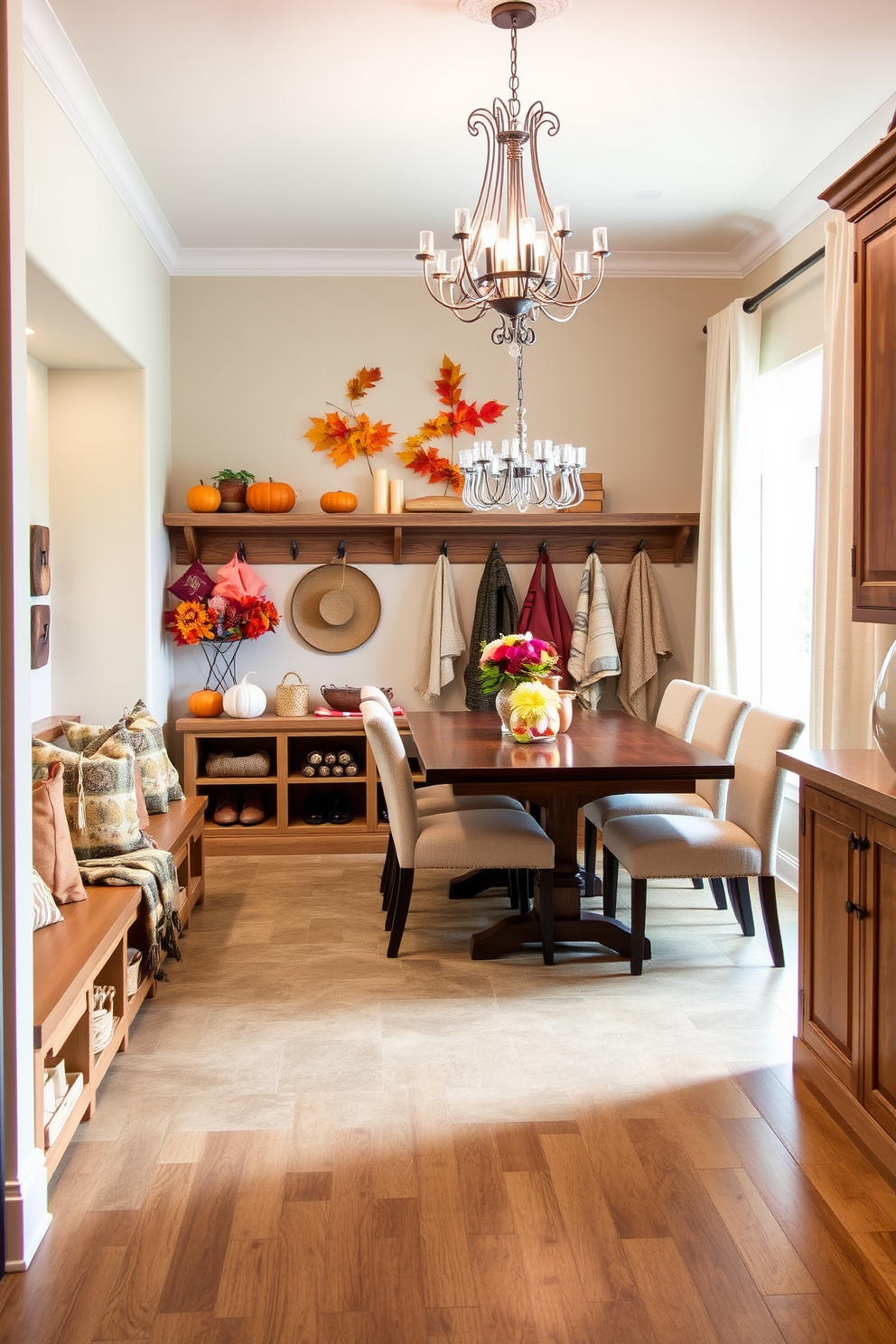 A charming seasonal decor display area filled with vibrant autumn leaves, pumpkins, and cozy blankets. The space features a rustic wooden shelf adorned with candles and seasonal accents against a backdrop of soft neutral walls. A functional mudroom designed with built-in storage benches and hooks for coats and bags. The flooring is a durable tile that complements the warm wood tones of the cabinetry, creating an inviting and practical entryway. An elegant dining room showcasing a large wooden table surrounded by plush upholstered chairs. The room is illuminated by a stunning chandelier, with soft drapes framing the windows and a centerpiece of fresh flowers on the table.