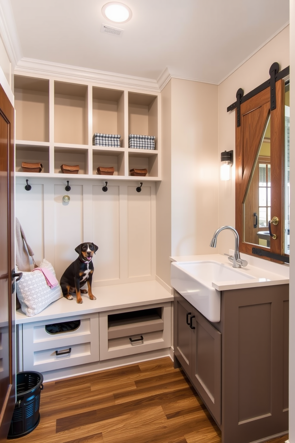 A functional mudroom featuring a pet washing station. The space includes a built-in bench with storage cubbies above and below, and a large sink with a detachable sprayer for easy pet cleaning. The mudroom is designed with durable flooring that can withstand wet and muddy paws. It connects seamlessly to the dining room, with a stylish sliding barn door for easy access.