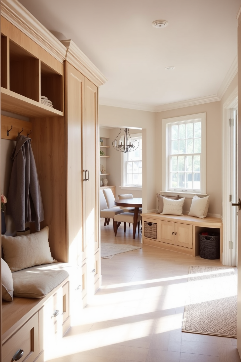 A serene mudroom designed with a neutral color palette creates a calming vibe. The space features built-in storage benches with soft cushions and light wood cabinetry, complemented by a subtle beige wall color. Adjacent to the dining room, the mudroom incorporates functional elements like hooks for coats and baskets for shoes. Natural light floods the area through a large window, enhancing the tranquil atmosphere.