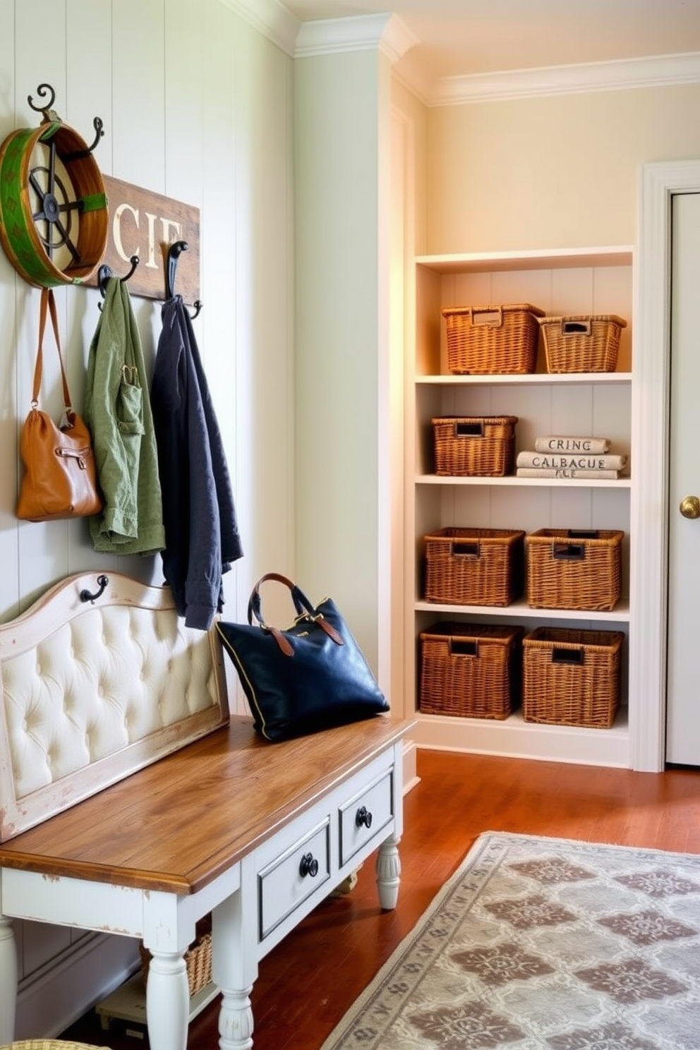 A charming mudroom design featuring vintage accents. The space includes a distressed wooden bench with a tufted cushion and antique hooks for hanging coats and bags. Soft pastel colors adorn the walls, complemented by a patterned area rug that adds warmth. A collection of vintage baskets is neatly arranged on open shelves for storage, creating an inviting and functional entryway.