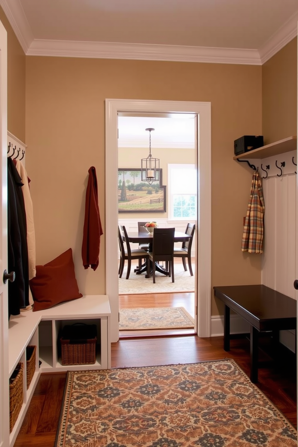 A vibrant mudroom featuring an accent wall adorned with playful wallpaper. The space includes built-in storage benches and hooks for coats, with the flooring made of durable, easy-to-clean tiles. Adjacent to the dining room, the design incorporates a seamless transition with a cohesive color palette. The mudroom's decor complements the dining area, creating a harmonious flow between the two spaces.