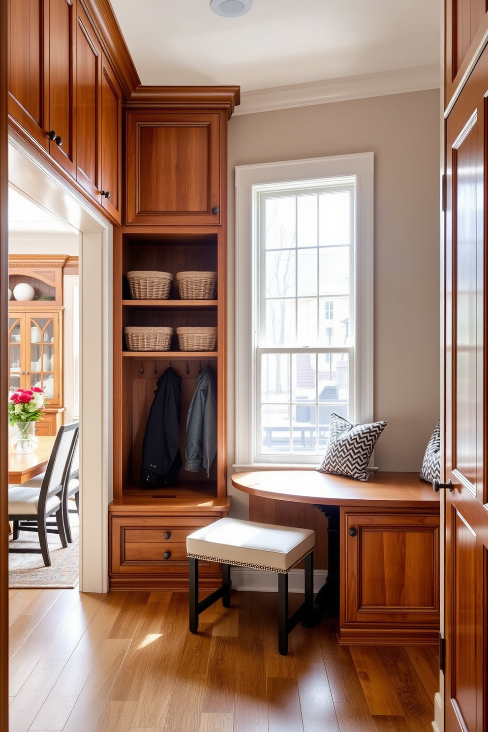 A spacious mudroom features floor-to-ceiling storage solutions with custom cabinetry in a warm wood finish. The area is designed with convenient hooks for coats and a bench for seating, creating an inviting transition space near the dining room. Natural light pours in through a large window, illuminating the organized shelves filled with baskets and seasonal items. The mudroom's color palette complements the adjacent dining room, with soft neutrals and pops of greenery for a cohesive look.