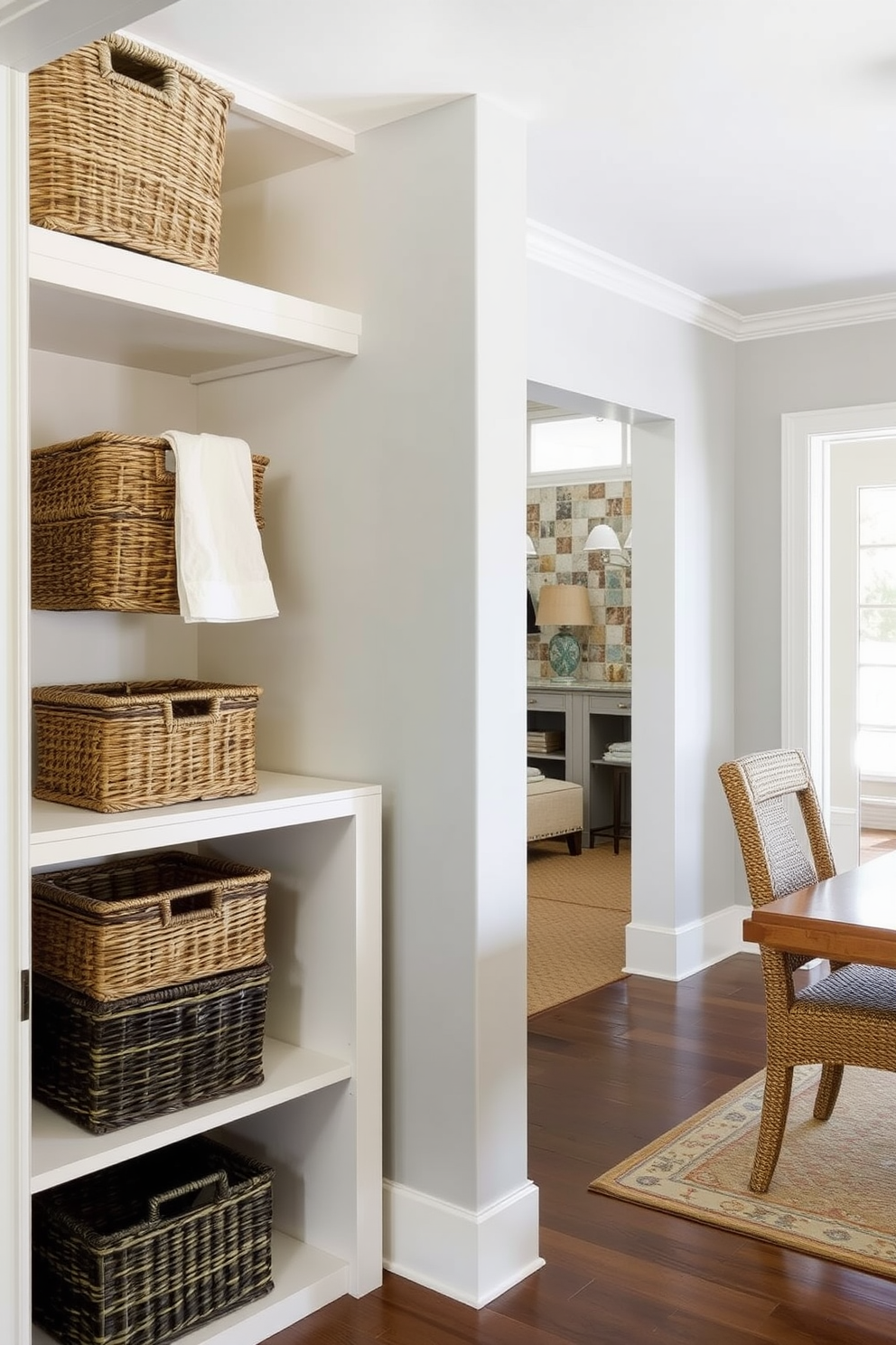 A functional mudroom design near the dining room features decorative baskets for clutter control. The baskets are woven in natural fibers and arranged on a custom-built shelving unit, providing both storage and aesthetic appeal.