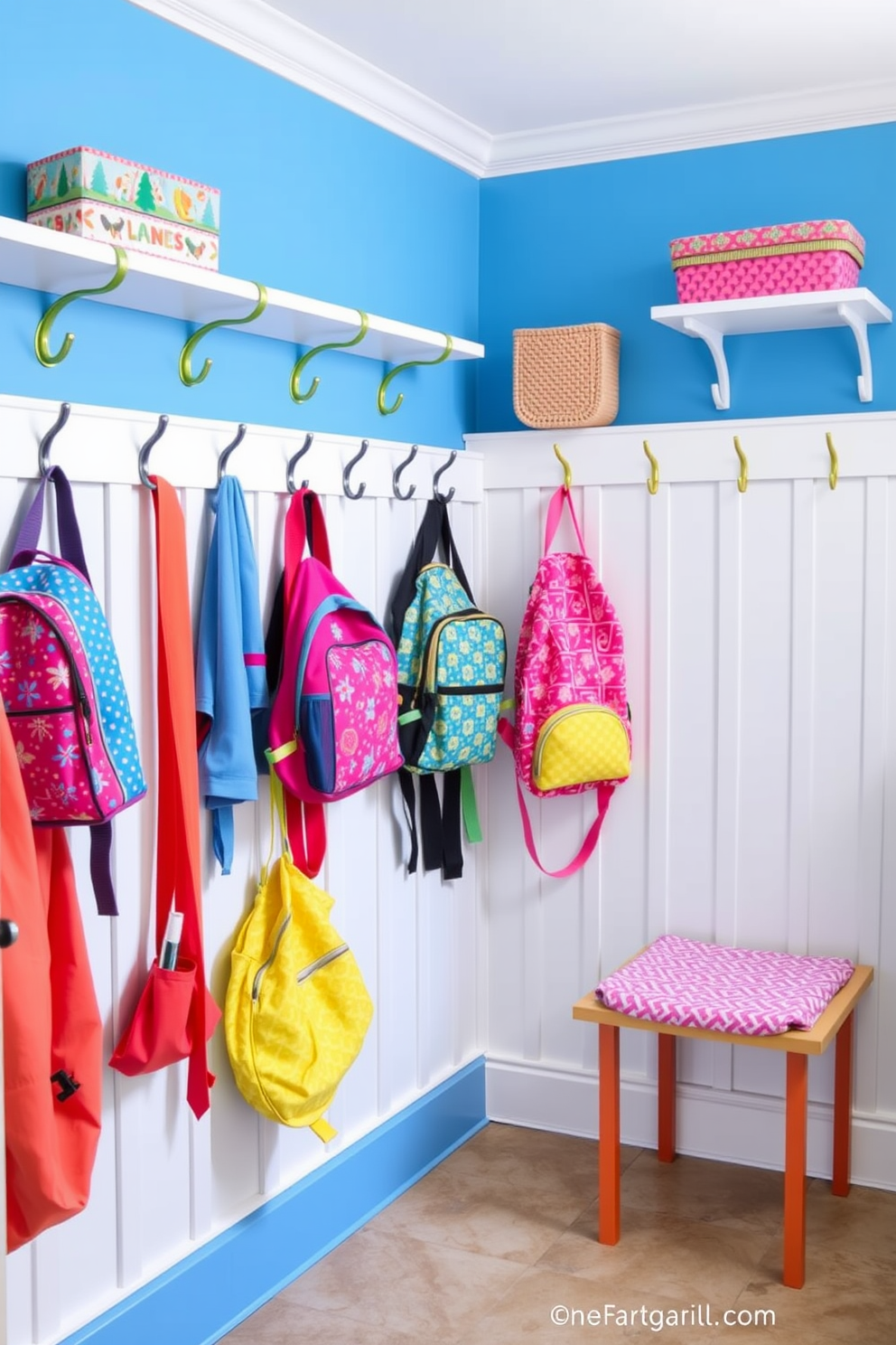 A functional mudroom design features open shelving for easy access to everyday items. The shelving is made of reclaimed wood and is complemented by hooks for coats and bags, creating an organized and welcoming space near the dining room.