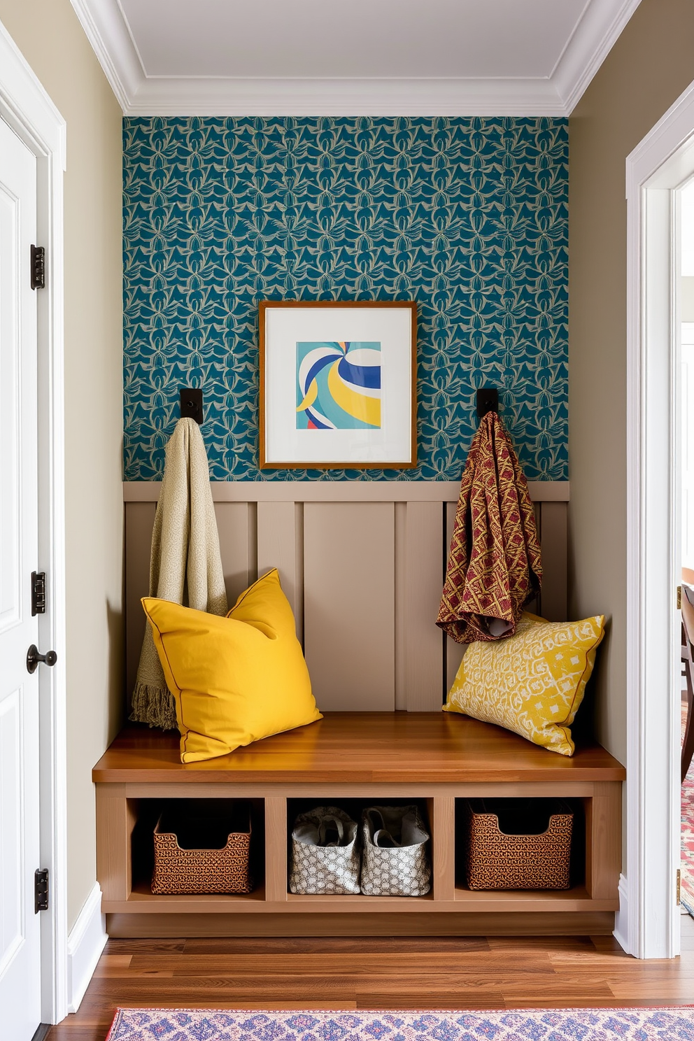 Accent wall with bold wallpaper. The wall features a vibrant geometric pattern that adds a striking focal point to the space. Mudroom near dining room design ideas. The mudroom includes built-in storage benches and hooks, seamlessly blending functionality with style while maintaining easy access to the dining area.