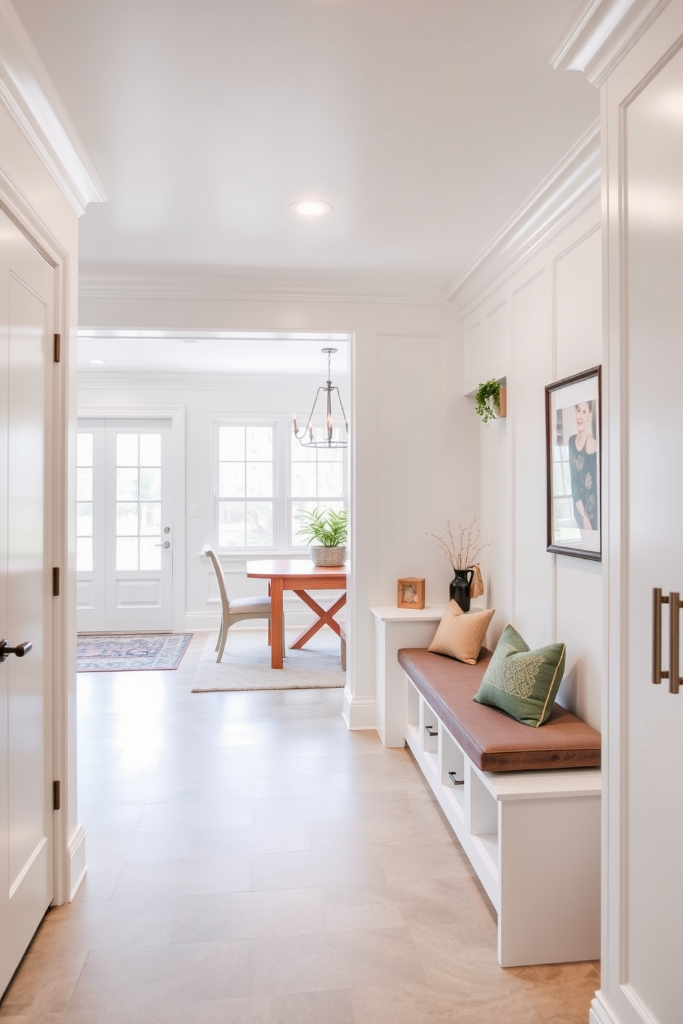 A bright and inviting mudroom located near the dining room features recessed lighting that illuminates the space effectively. The walls are painted in a soft white hue, and the flooring is a durable, stylish tile that complements the overall design. Functional storage solutions include built-in benches with plush cushions and custom cabinetry to keep the area organized. Decorative elements like potted plants and framed artwork add a touch of warmth and personality to the room.