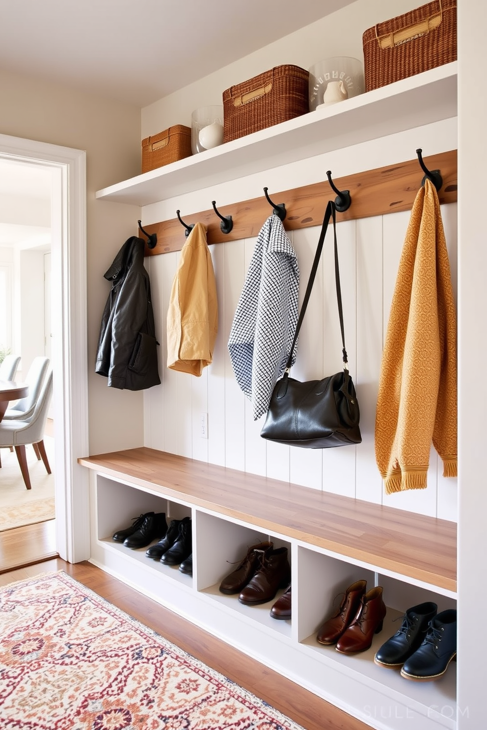 A functional mudroom design near the dining room features a series of hooks mounted on the wall for hanging coats and bags. Below the hooks, open shelves provide ample space for storing shoes and outdoor gear, creating a tidy and inviting entryway.