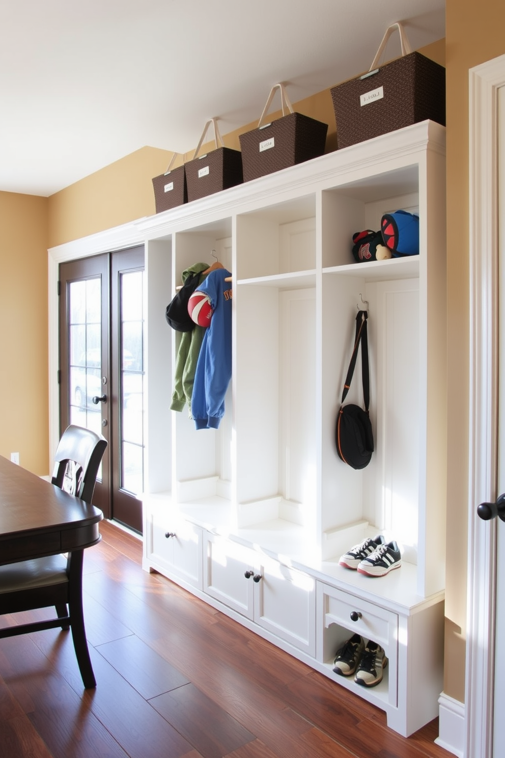 A functional mudroom design that offers easy access to outdoor gear storage. The space features built-in shelving and hooks for coats and bags, with a bench for convenient seating. Adjacent to the dining room, the mudroom has a cohesive color palette that complements the dining area. Natural light floods the space through a nearby window, enhancing the inviting atmosphere.