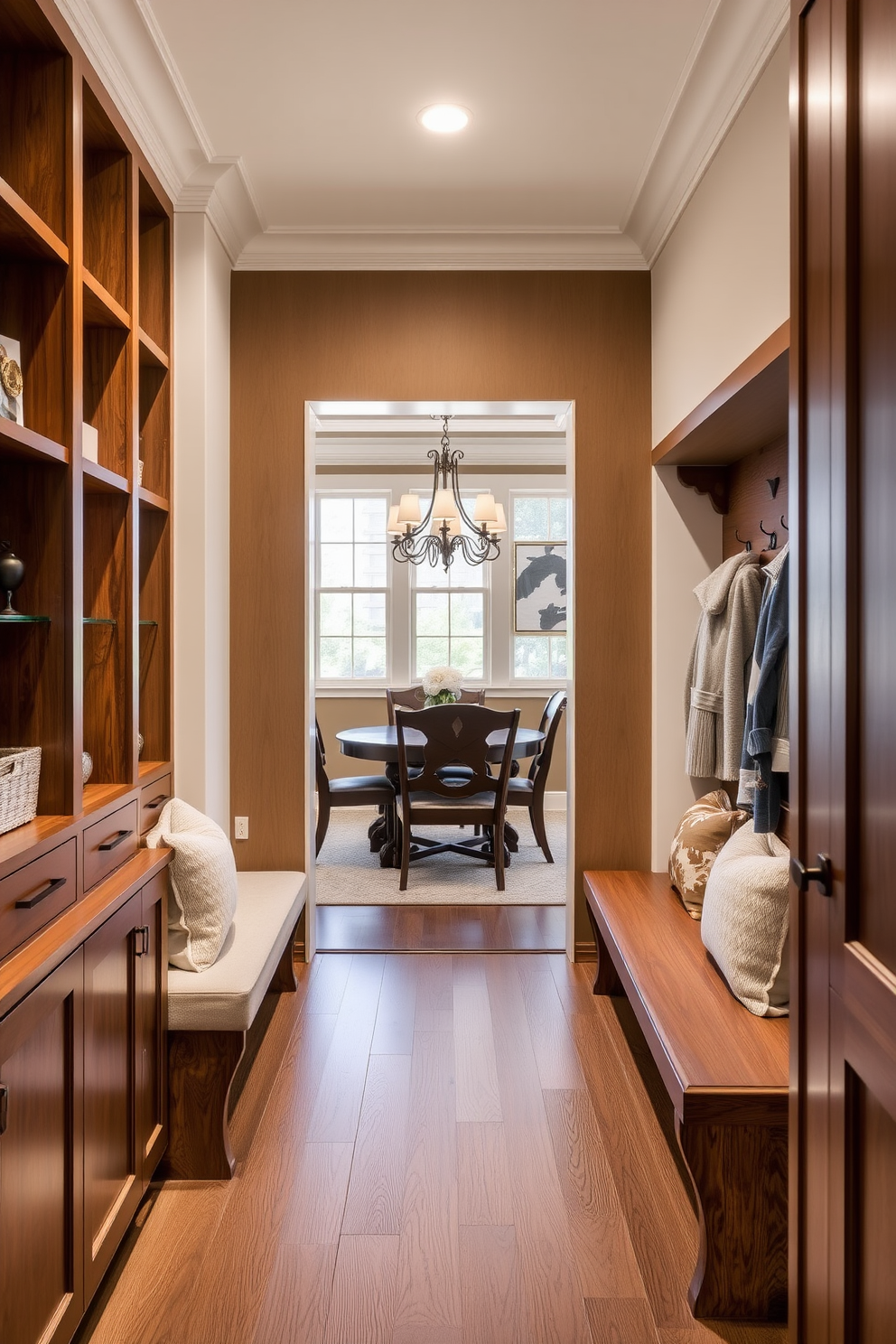 Custom cabinetry for a tailored look. The cabinetry features a blend of open shelving and closed storage with a rich wood finish, providing both style and functionality. Mudroom near dining room design ideas. This space includes built-in benches with plush cushions and hooks for coats, seamlessly integrating storage with a welcoming aesthetic.