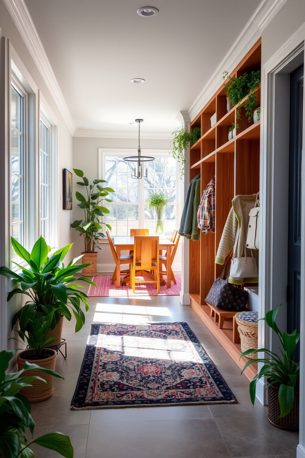 A stylish mudroom adjacent to the dining room features multi-functional furniture that maximizes space. A sleek bench with built-in storage sits against the wall, while hooks above hold coats and bags, creating an organized and welcoming entryway. The flooring is a durable tile that complements the dining room's hardwood, seamlessly blending the two areas. A small console table with a decorative lamp adds a touch of elegance, making the space both functional and inviting.