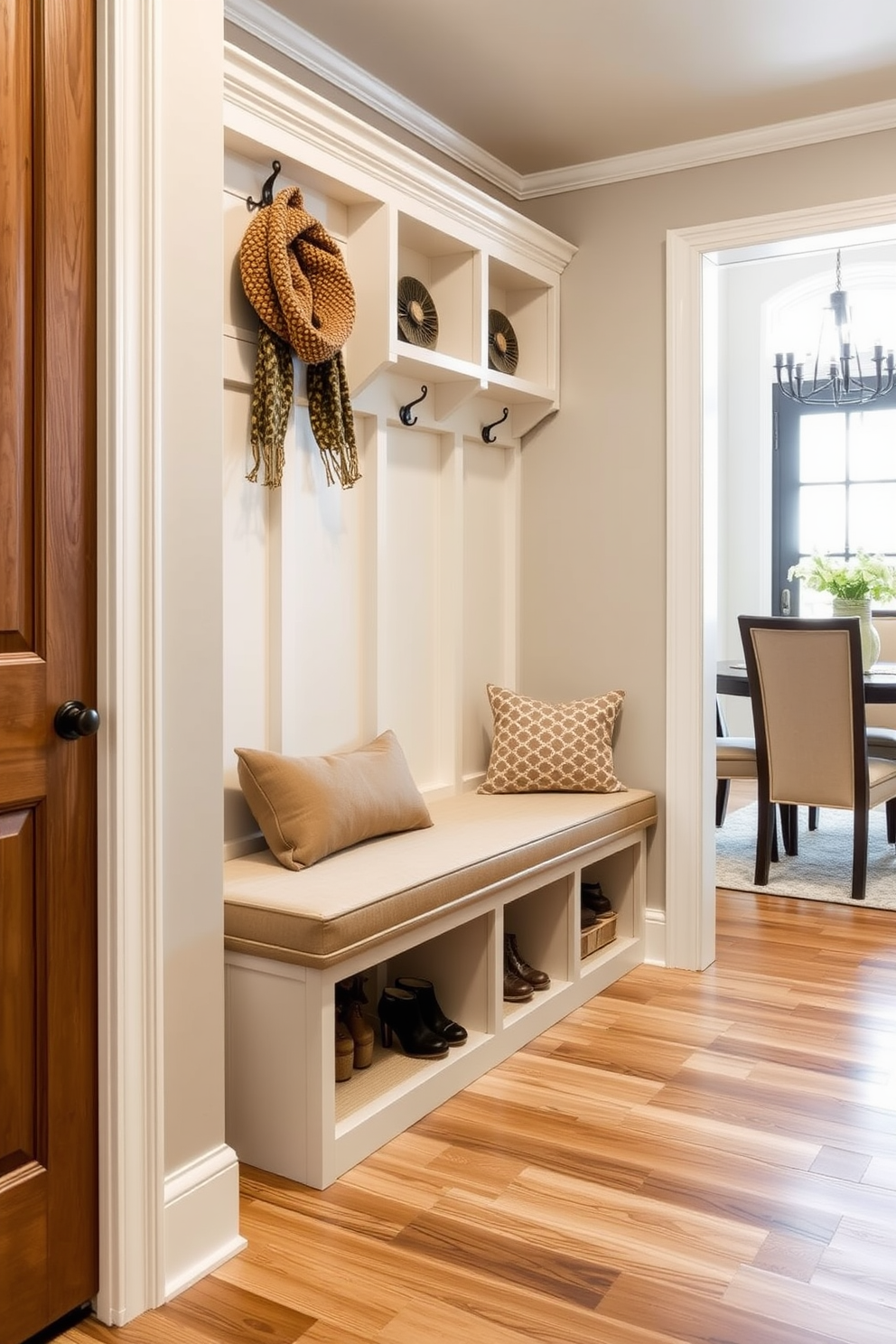 A functional mudroom design featuring personalized name tags for cubby storage. The cubbies are crafted from natural wood and are organized neatly along one wall, each adorned with a unique name tag for easy identification. Adjacent to the mudroom, the dining room showcases a seamless flow with a rustic dining table surrounded by comfortable chairs. Large windows allow natural light to flood the space, enhancing the warm color palette of the room.