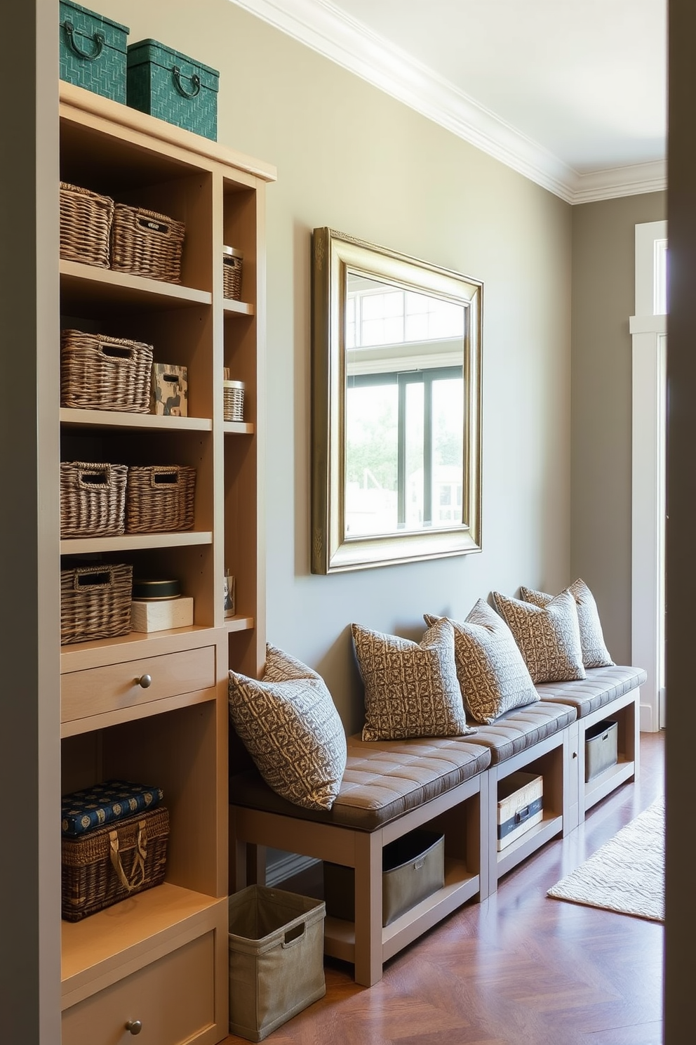 Open shelving is installed along one wall of the mudroom, providing easy access to frequently used items. The shelves are filled with neatly arranged baskets and decorative boxes, creating a functional and stylish storage solution. Adjacent to the dining room, the mudroom features a bench with cushions for comfort. A large mirror above the bench enhances the space, reflecting natural light and making the area feel more inviting.