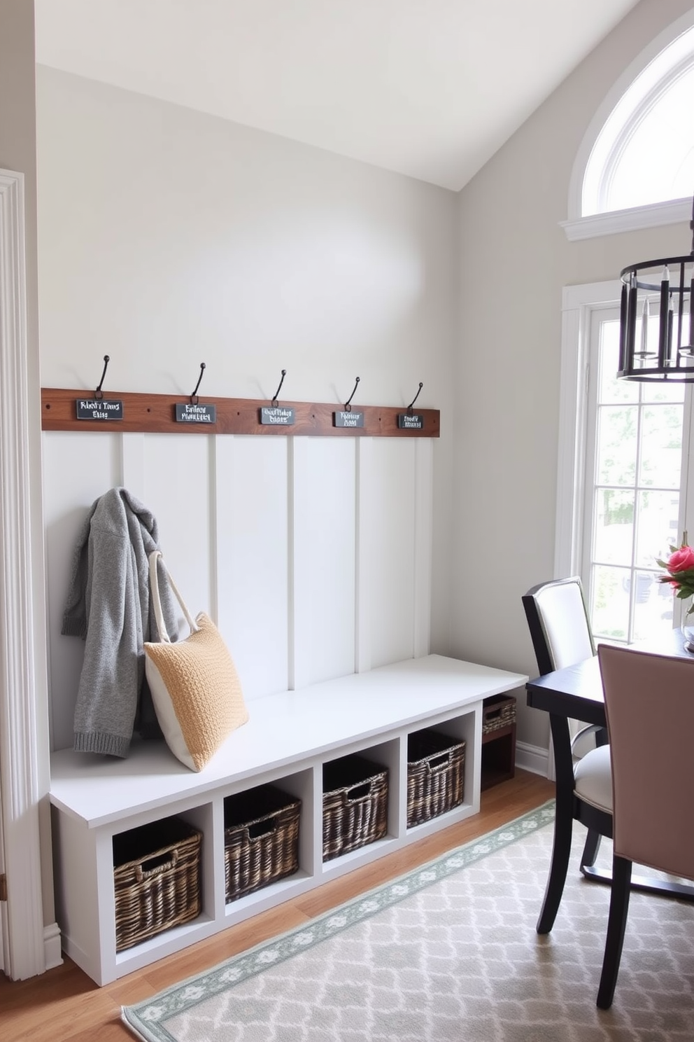 A stylish mudroom design located near the dining room. It features personalized name tags for each family member on sleek wooden hooks, with a bench for seating and storage baskets underneath. The walls are painted in a soft neutral tone, complemented by a patterned area rug. Natural light floods the space through a window, creating a welcoming atmosphere for family and guests.