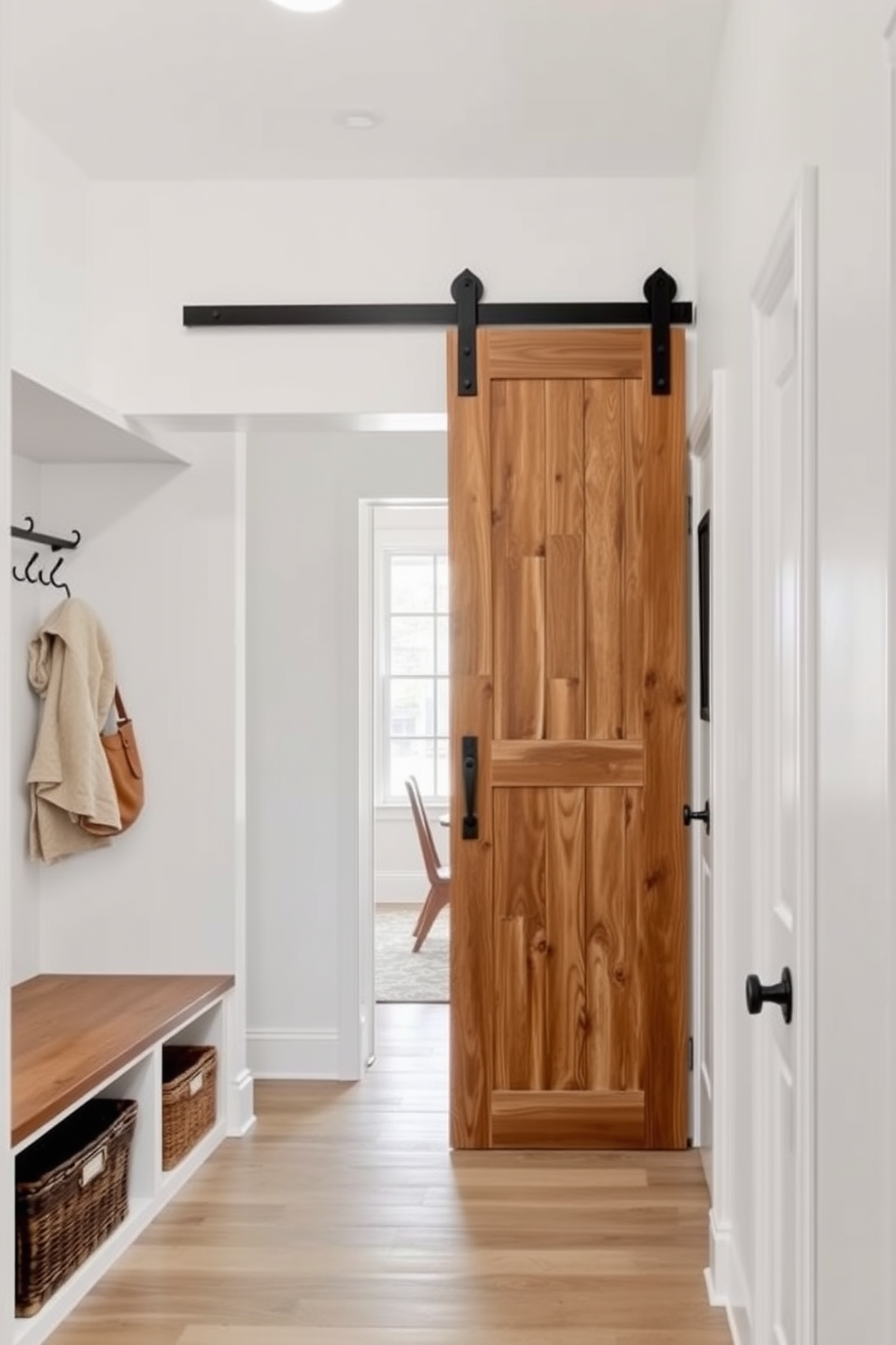 A stylish mudroom features a sliding barn door that enhances space efficiency while adding rustic charm. The design incorporates built-in storage benches and hooks, creating an organized entryway that seamlessly connects to the dining room.