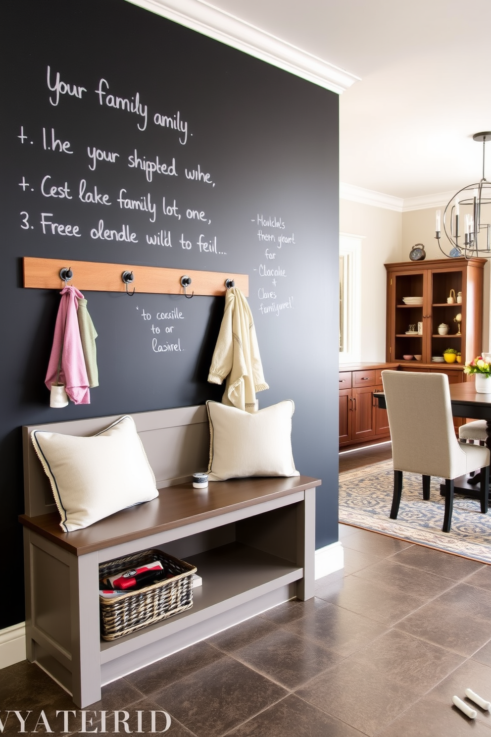 A cozy mudroom designed near the dining room features a chalkboard wall for family messages. The space includes built-in cubbies for shoes and coats, with a bench for seating and hooks above for convenience.