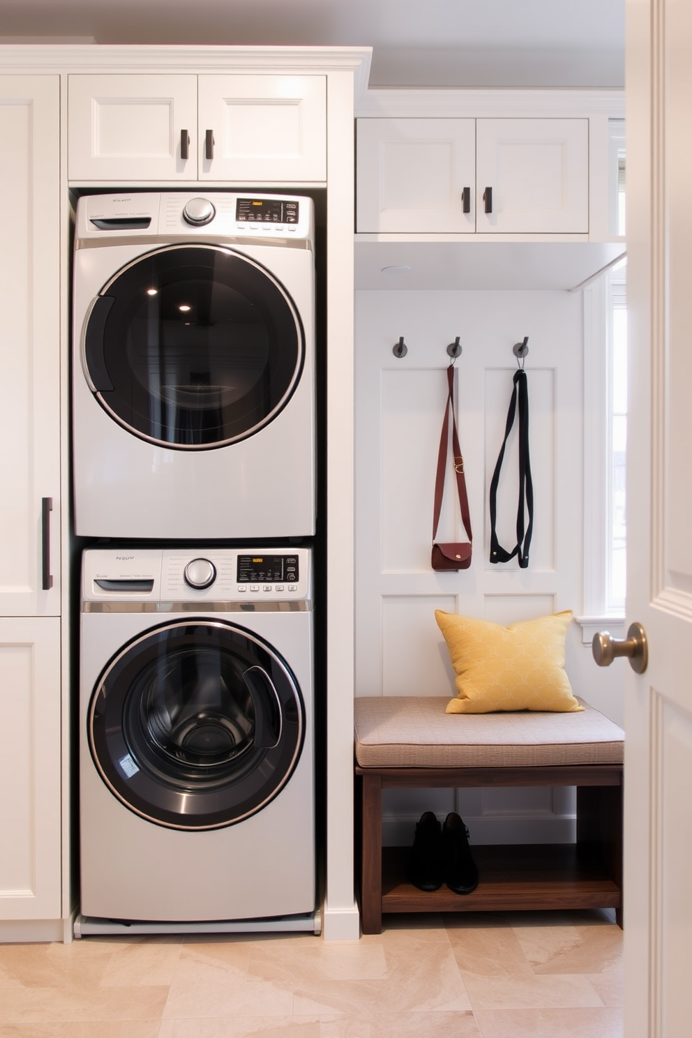 Bright lighting fills the mudroom, creating an inviting atmosphere that enhances usability. The space features built-in storage benches and hooks for coats, with a stylish tile floor that complements the adjacent dining room.