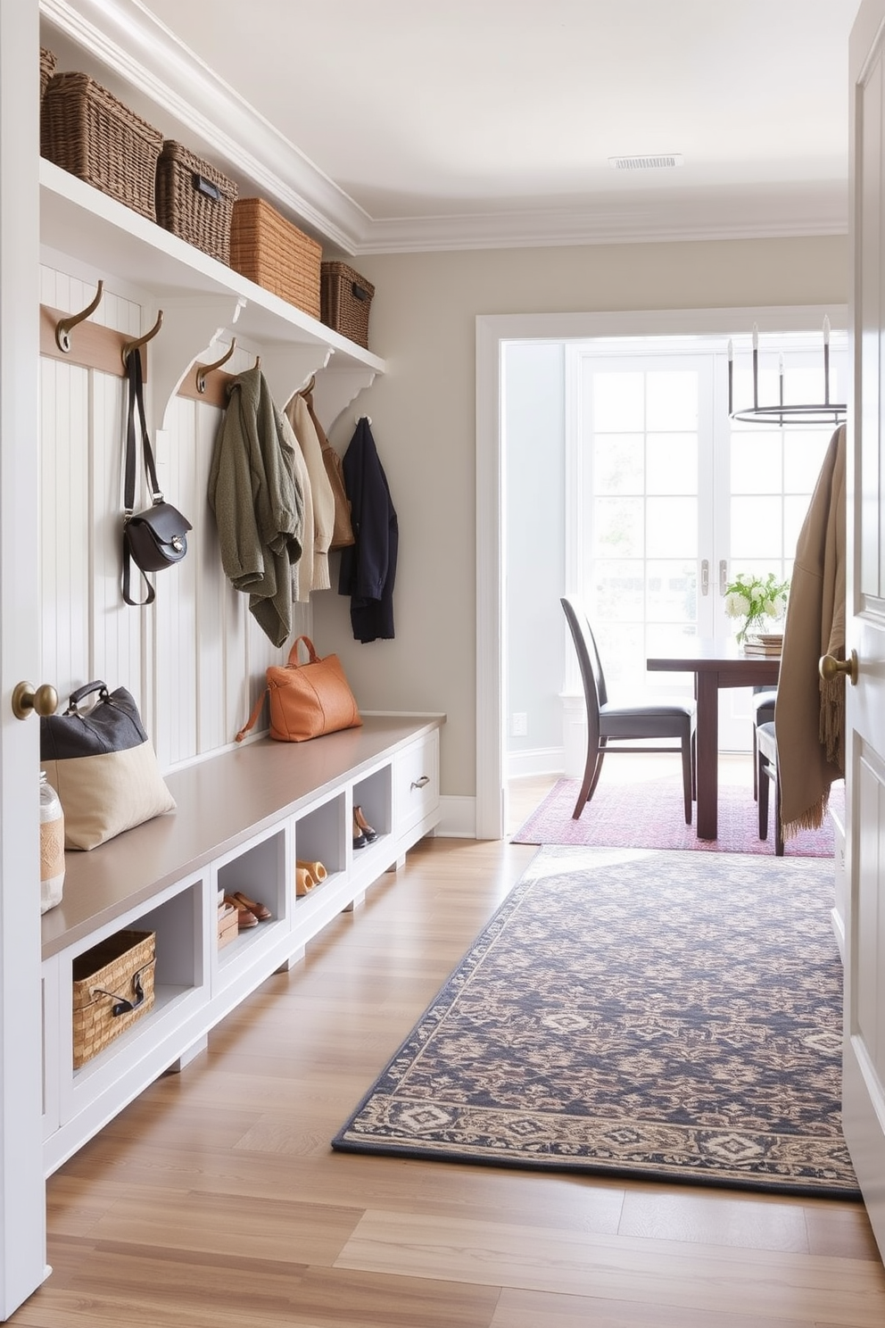 A mudroom design that features durable flooring suitable for heavy traffic. The space includes built-in storage benches, hooks for coats, and a stylish area rug that complements the adjacent dining room.