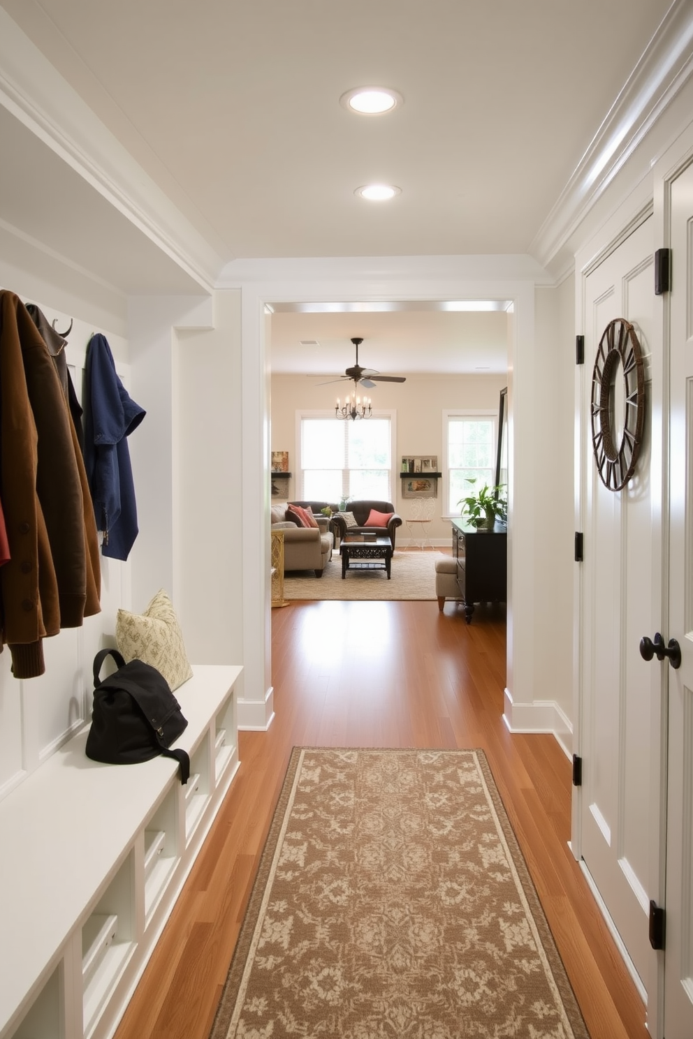 Bright lighting floods the mudroom, creating an inviting atmosphere that seamlessly connects to the family room. The space features built-in storage benches and hooks for coats, with a stylish area rug adding warmth underfoot.