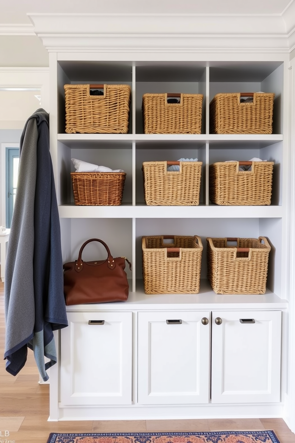 A stylish mudroom near the family room features decorative baskets for organized storage. The baskets are woven in natural fibers and are neatly arranged on open shelving, providing both functionality and aesthetic appeal.