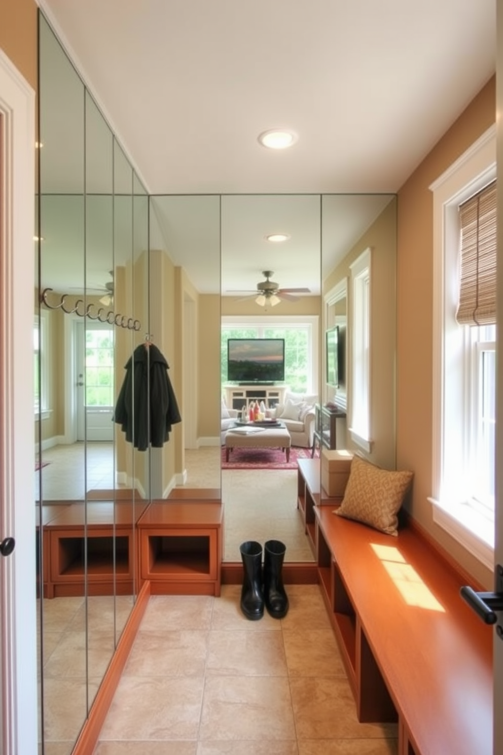 A spacious mudroom designed with functionality and style in mind. The walls are adorned with decorative mirrors that reflect light and create an airy feel, while a built-in bench provides a comfortable spot to sit and remove shoes. To the left, open shelving displays baskets for storage, keeping the space organized and clutter-free. The flooring features durable tiles that can withstand daily wear, and a pop of color is introduced through a vibrant area rug.