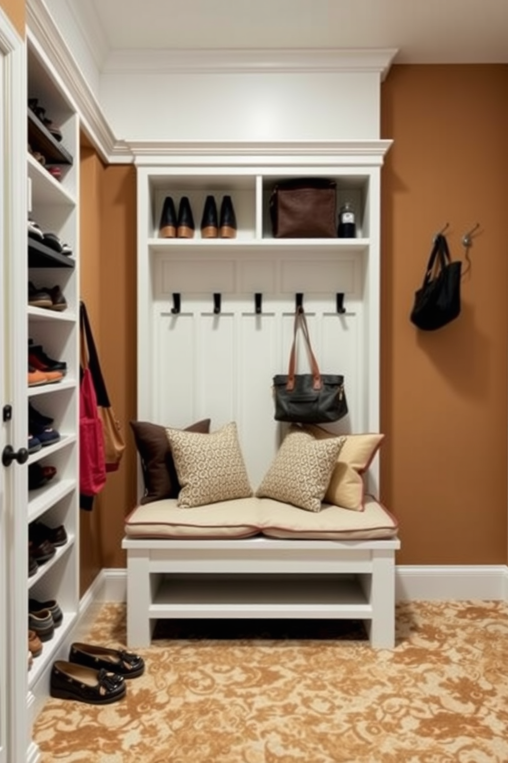 A stylish mudroom designed for functionality and aesthetics. It features vertical storage solutions for shoes and bags, incorporating built-in shelves and hooks for easy organization. The walls are painted in a warm neutral tone, complemented by a durable, patterned floor tile. A cozy bench with cushions provides a welcoming spot to sit while putting on or taking off shoes.