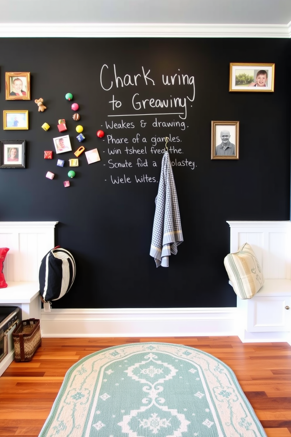 Chalkboard wall for family messages. The wall is painted in black chalkboard paint, providing a space for notes and drawings, surrounded by colorful magnets and framed family photos. Mudroom near family room design ideas. The mudroom features built-in storage benches with hooks for coats, and a decorative area rug that complements the adjacent family room's color scheme and style.