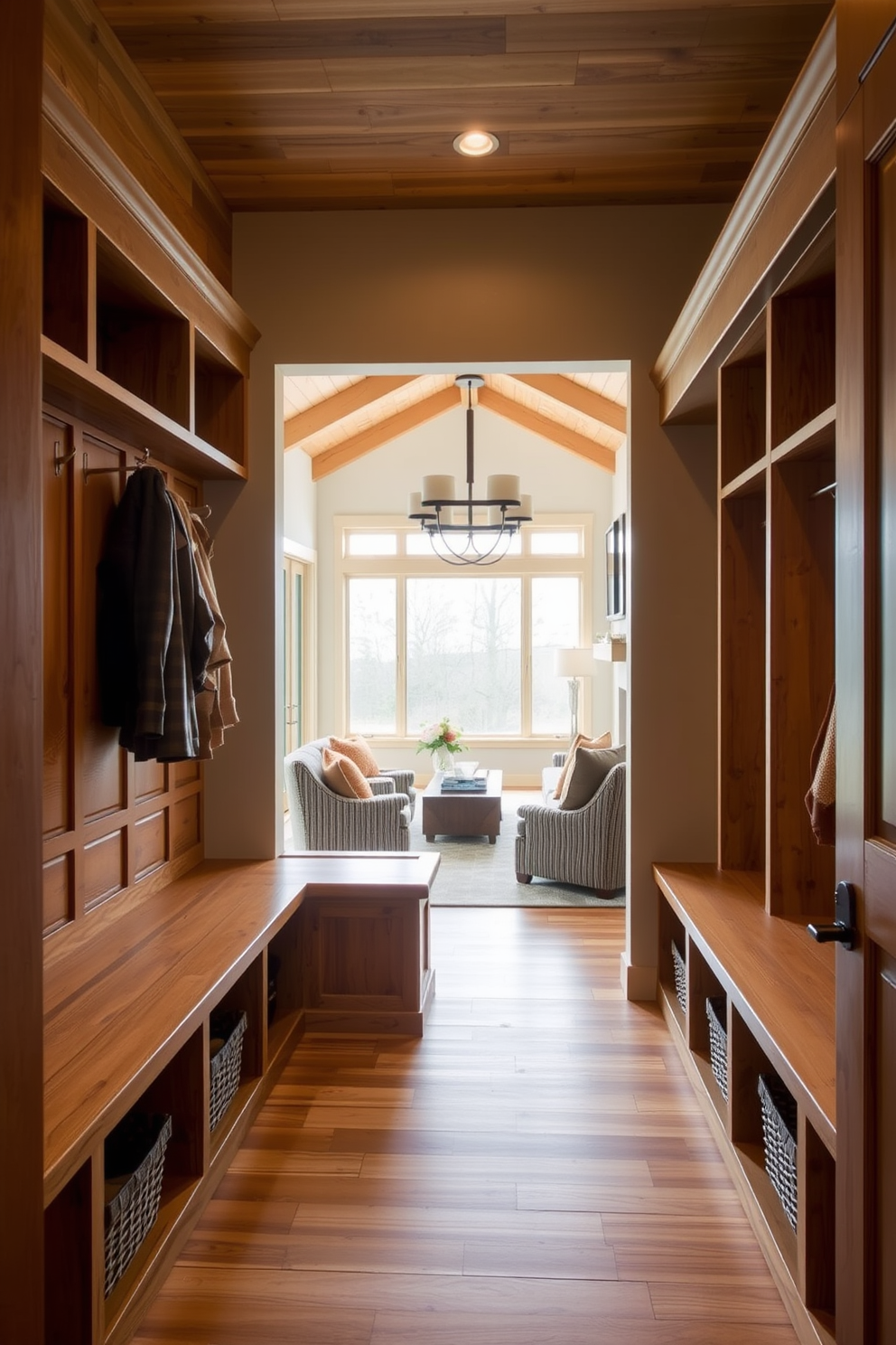 A cozy mudroom designed with natural wood accents to create a warm and inviting atmosphere. The space features built-in wooden benches and storage cubbies, with a large window allowing natural light to brighten the area. Adjacent to the family room, the mudroom seamlessly blends with the overall design of the home. Earthy tones and textured materials enhance the connection between the two spaces, making it functional yet stylish.