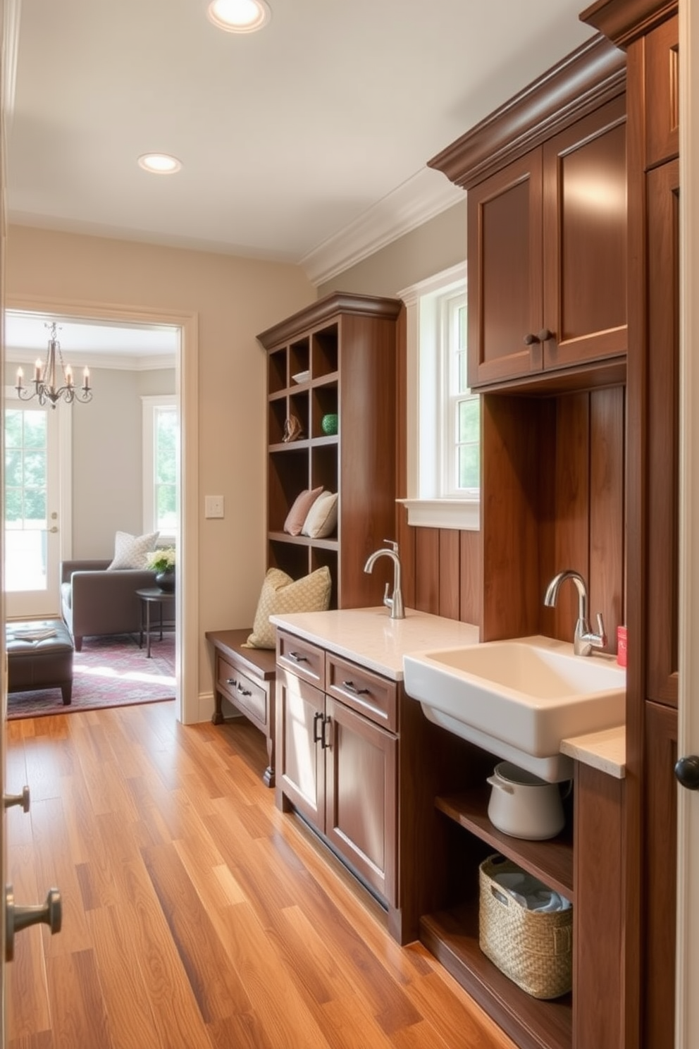 A functional laundry area adjacent to the mudroom features built-in cabinets for storage and a countertop for folding clothes. The space is well-lit with natural light streaming in through a window, and a stylish laundry basket sits in the corner. The mudroom near the family room includes a bench with hooks above for coats and bags. The walls are painted a warm neutral color, and there are decorative baskets underneath for additional storage.