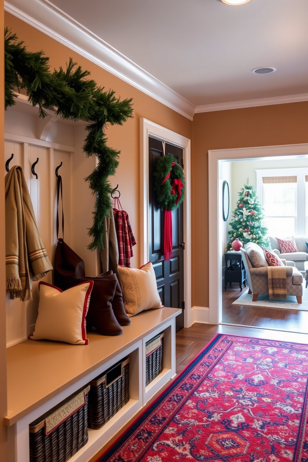 Seasonal decor for festive touch. The mudroom features a warm color palette with holiday-themed accents, including a garland draped over the hooks and a festive wreath on the door. Mudroom near family room design ideas. The space includes built-in benches with plush cushions and storage baskets, complemented by a vibrant area rug that ties in with the family room's decor.