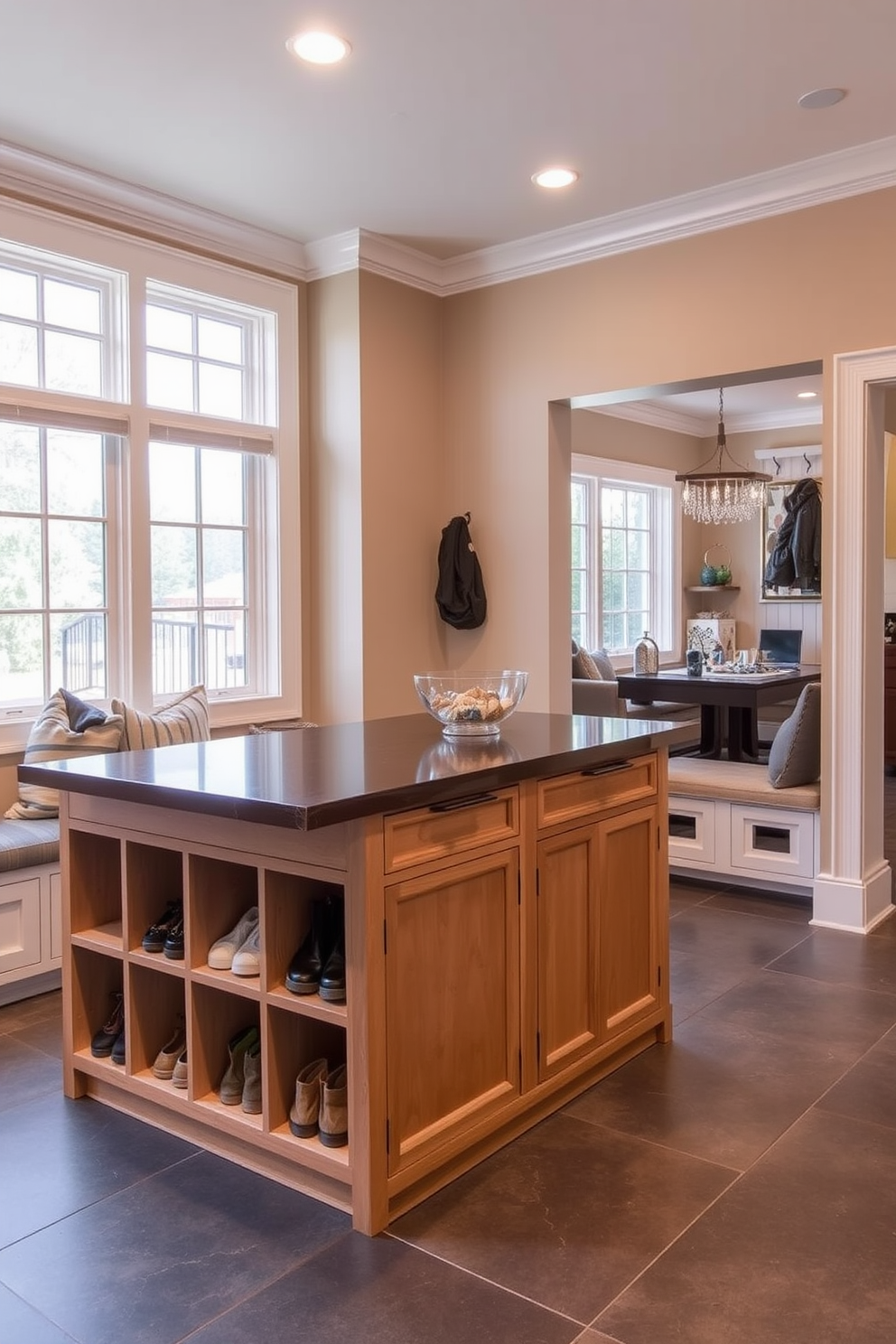 A multi-functional island in the mudroom features ample storage with built-in cubbies and drawers for sorting items. The island is topped with a durable countertop and complemented by a cozy seating area for family members to put on shoes or organize belongings. The mudroom design incorporates hooks for coats and bags along the walls, with a bench for convenience. Large windows allow natural light to flood the space, creating an inviting atmosphere that connects seamlessly to the adjacent family room.