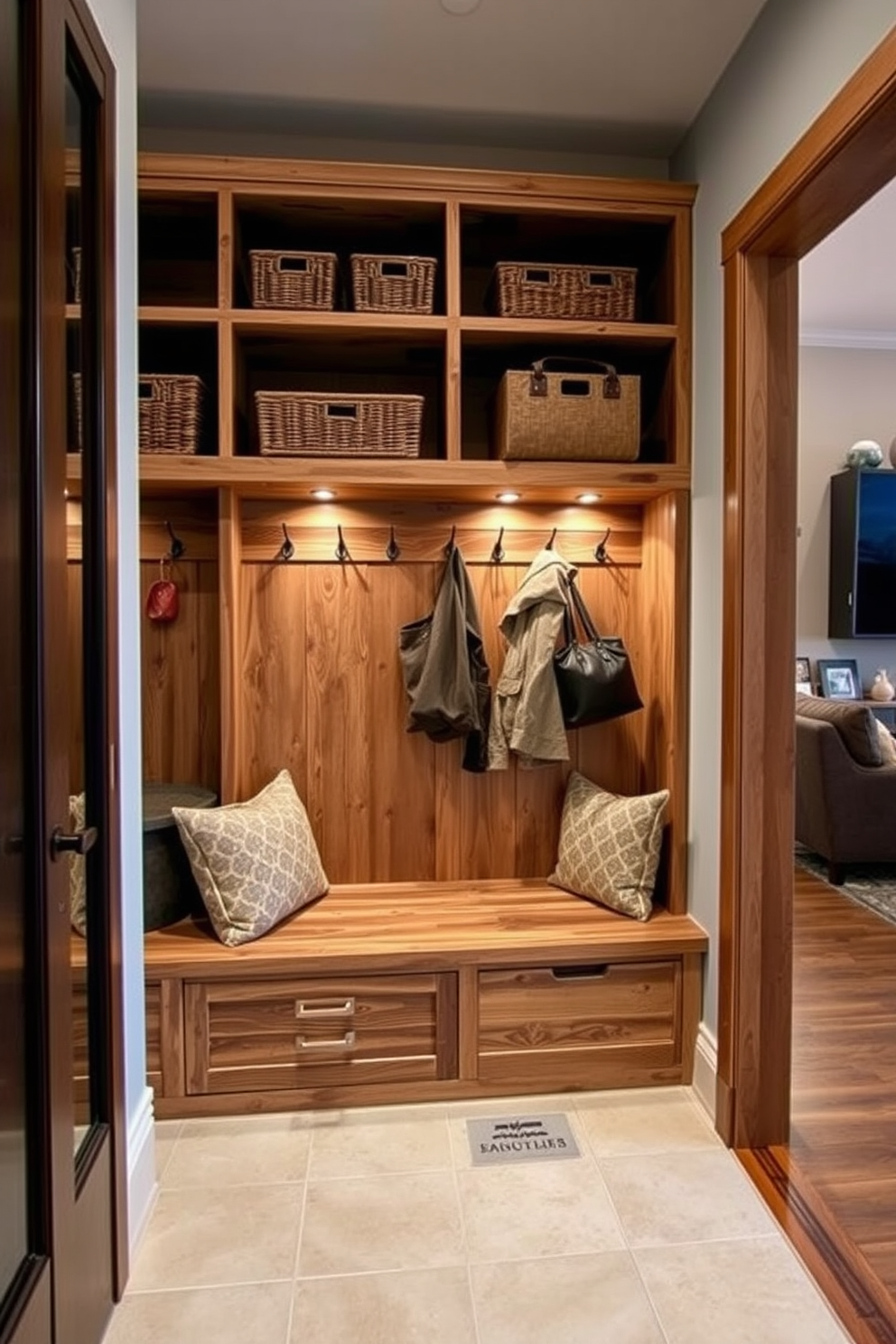 Open shelving unit designed for a mudroom adjacent to the family room. The shelving is made of reclaimed wood with a natural finish, displaying neatly organized baskets and hooks for coats and bags. The mudroom features a built-in bench with plush cushions for comfort and a durable tile floor for easy cleaning. Soft lighting illuminates the space, creating a welcoming atmosphere that connects seamlessly to the family room.