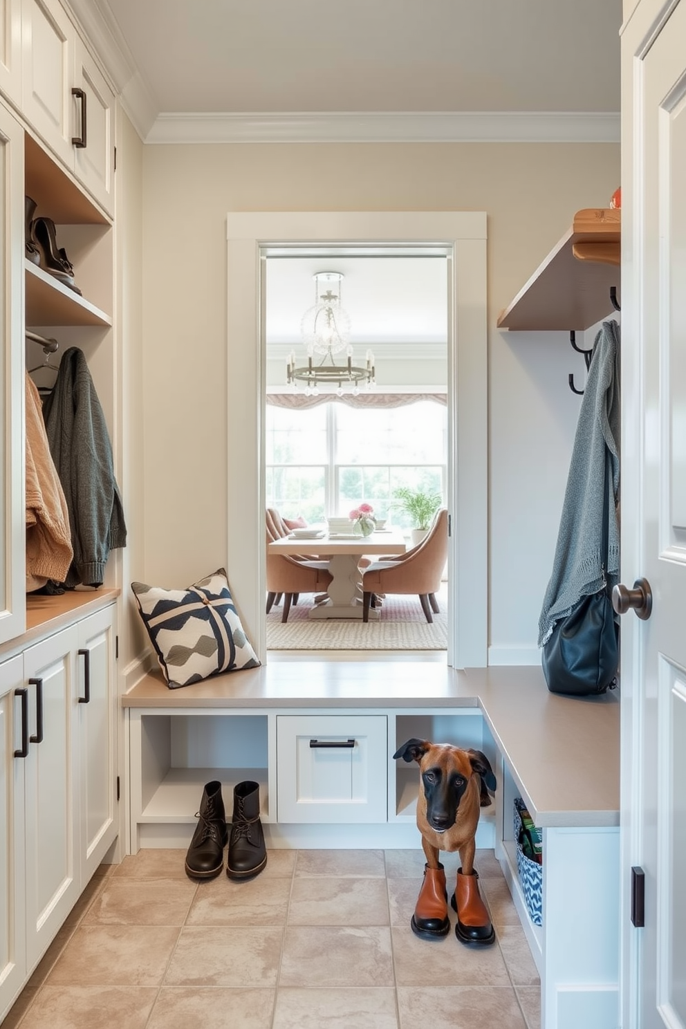 A functional mudroom adjacent to the family room features vertical storage solutions that maximize space. The design includes built-in shelves and hooks for coats and bags, with a bench for convenience and a stylish rug to add warmth. Natural light floods the area through a nearby window, highlighting the organized storage and inviting atmosphere. The color palette combines soft neutrals with pops of color to create a welcoming transition between the outdoor and indoor spaces.