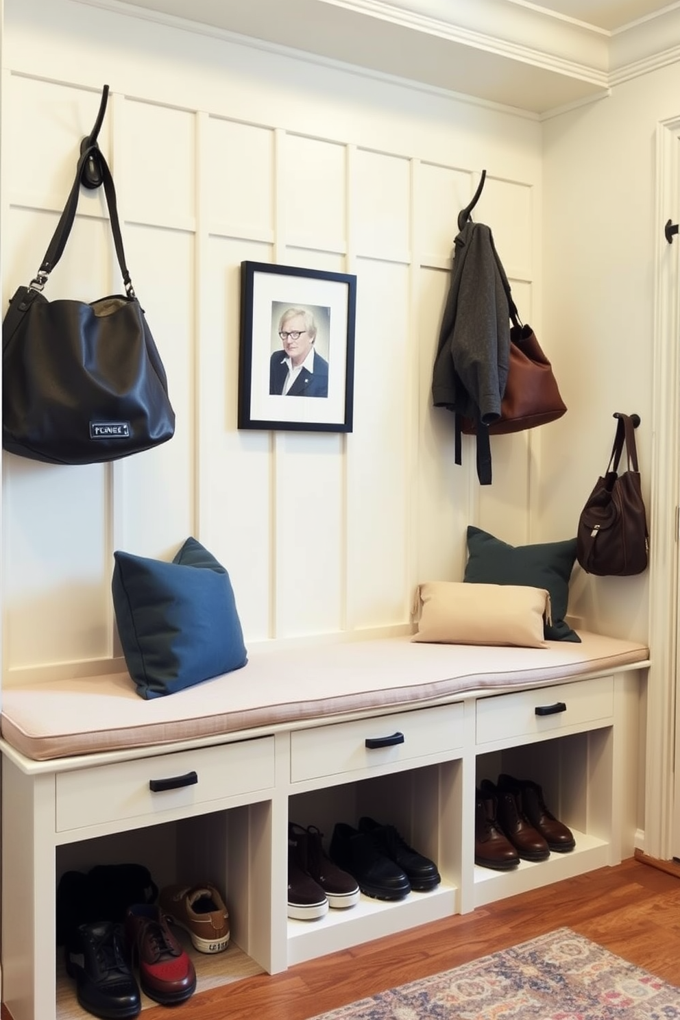 A welcoming mudroom features a built-in bench with soft cushions, providing a comfortable spot to sit while putting on shoes. Beneath the bench, shoe cubbies are neatly organized, offering ample storage for footwear and accessories, while the walls are adorned with hooks for coats and bags.