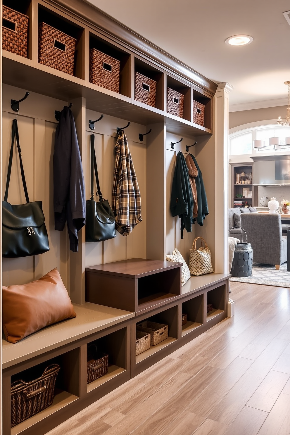 A functional mudroom design that seamlessly integrates hidden compartments for clutter control. The space features built-in benches with storage underneath and wall-mounted hooks for coats and bags, creating an organized and inviting entryway. The flooring is durable and easy to clean, complementing the family room nearby. Soft lighting and a warm color palette enhance the welcoming atmosphere, making it a perfect transition area from outdoor activities to indoor comfort.