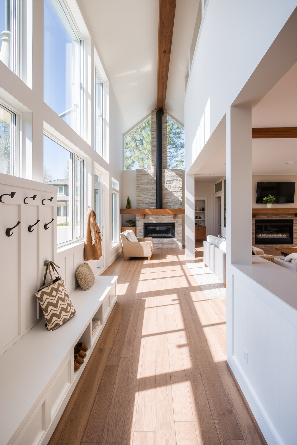 A cozy mudroom features a sliding barn door that adds rustic charm and character. The space is designed with built-in storage benches and hooks for coats, creating an inviting transition from the outdoors to the family room. Natural light floods the room through a large window, highlighting the warm wood tones and earthy color palette. A patterned rug adds a touch of comfort, while decorative baskets provide stylish organization for shoes and gear.