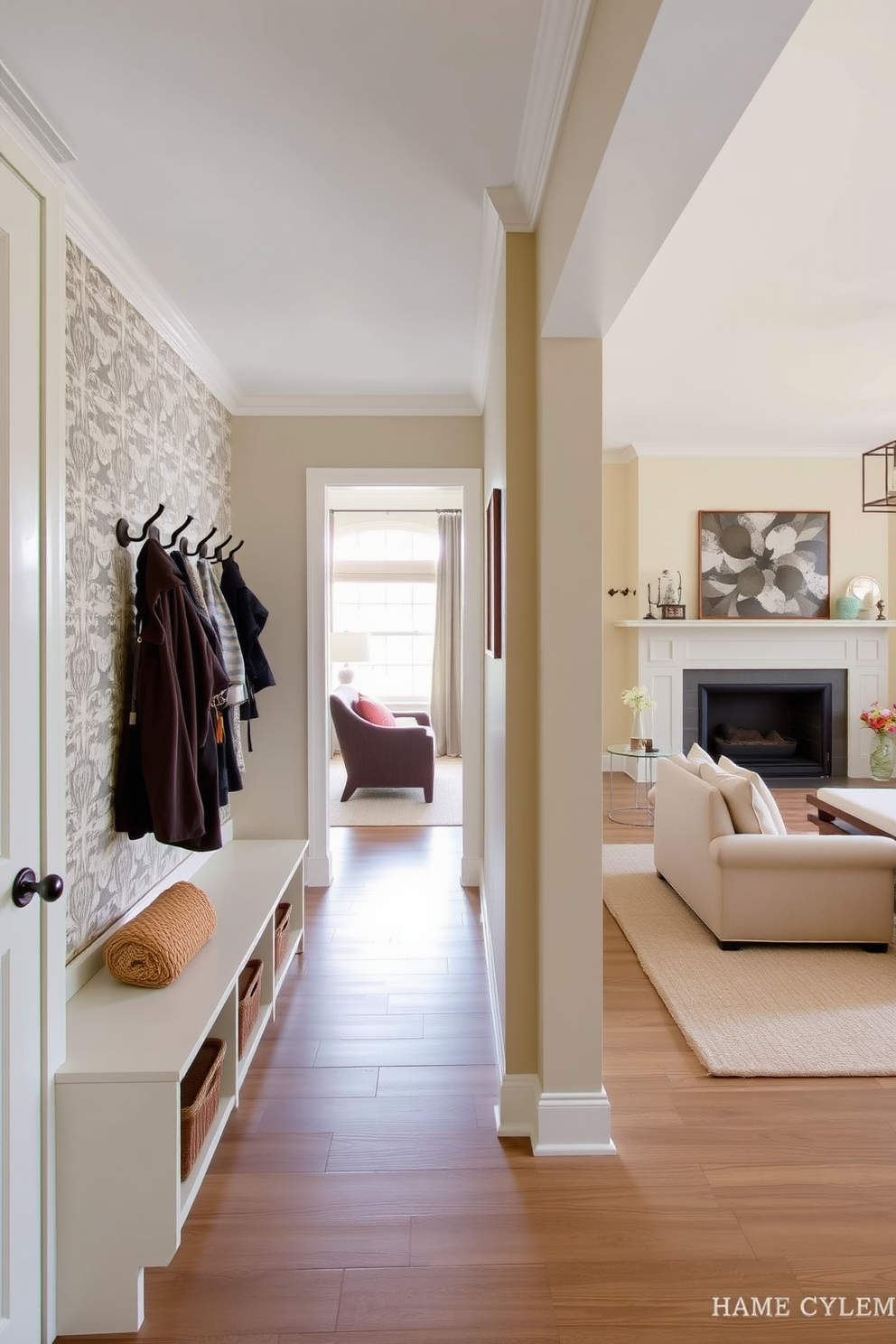 A stylish mudroom features an accent wall adorned with intricate wallpaper that adds character and warmth. The space is designed with built-in storage benches and hooks for coats, seamlessly connecting to the adjacent family room. The family room boasts a cozy atmosphere with a feature wall painted in a soft, inviting color. Comfortable seating arrangements and decorative elements enhance the overall design, creating a welcoming environment for gatherings.