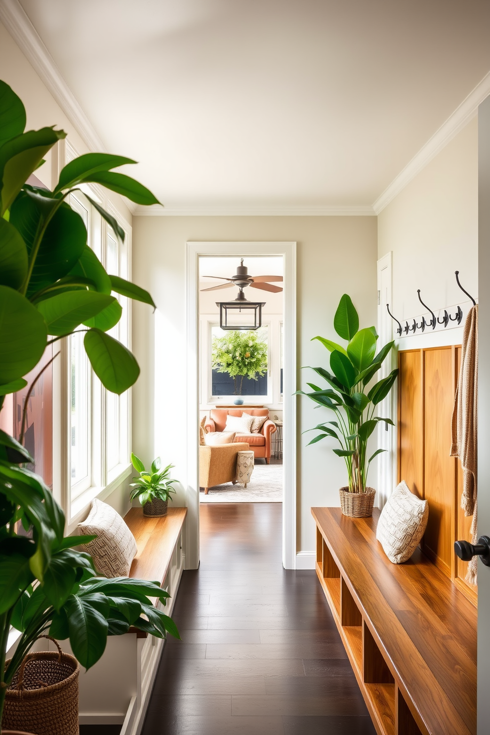 A mudroom design that seamlessly connects to a family room. The space features built-in wooden benches with plush cushions and hooks for coats, while large windows allow natural light to flood in. Lush green plants are strategically placed to bring a touch of nature indoors. The walls are painted in a soft neutral tone, complementing the vibrant colors of the plants and creating a welcoming atmosphere.