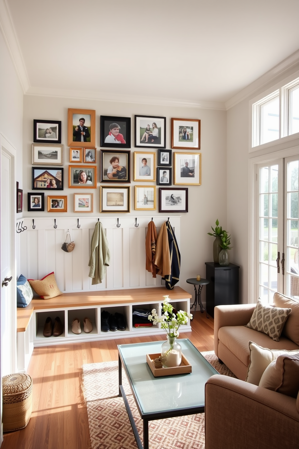 Natural light floods the mudroom through large windows, creating a bright and inviting space. The room features built-in storage benches and hooks for coats, with a durable yet stylish tile floor that complements the adjacent family room.