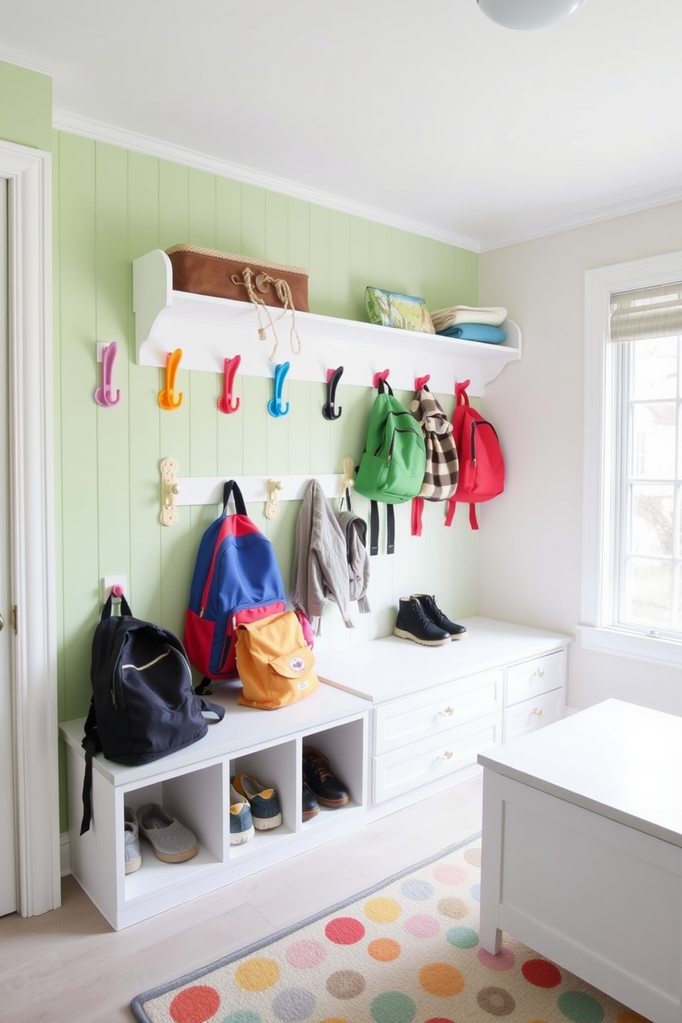 Colorful hooks for kids backpacks are mounted on a bright and cheerful wall, creating an inviting space for children to hang their belongings. The hooks are arranged at varying heights, making it easy for kids to reach them, while the floor features a durable and playful patterned rug. The mudroom is designed with ample storage, including a bench with built-in cubbies for shoes and a small shelf above for hats and gloves. Natural light floods the space through a large window, and the walls are painted in a light, airy color to enhance the overall brightness of the room.