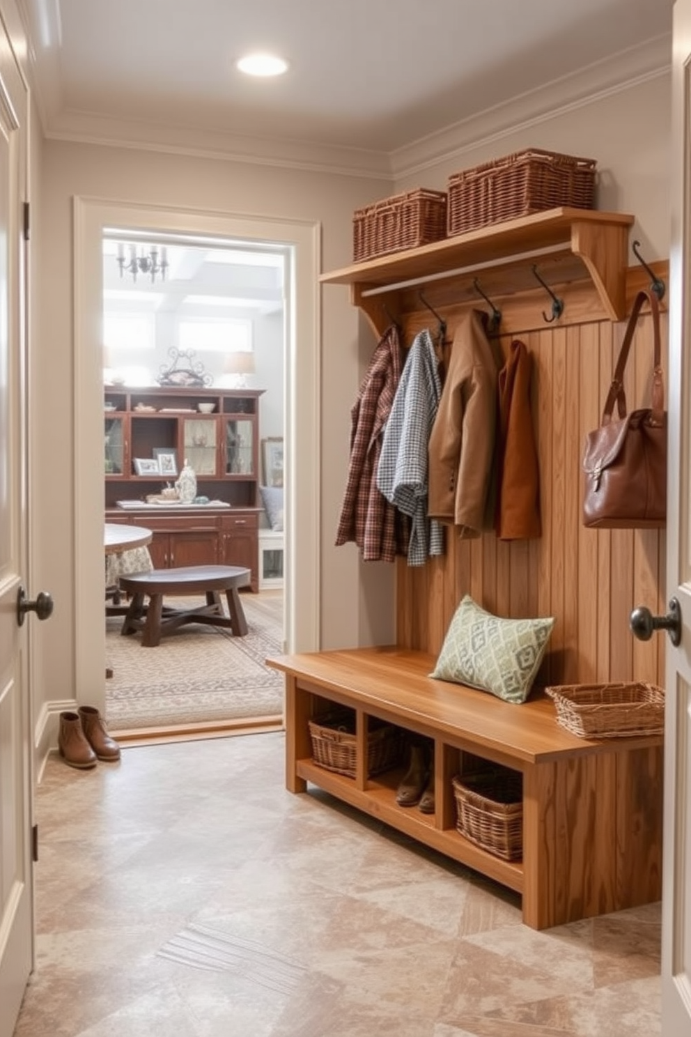 A functional folding table is elegantly integrated into a mudroom adjacent to the family room. The design features a sleek wooden table that can be easily collapsed when not in use, paired with built-in storage for shoes and outdoor gear. The mudroom showcases a harmonious blend of practicality and style, with hooks for coats and a bench for seating. Soft lighting enhances the inviting atmosphere, making it a perfect transition space between the outdoors and the family room.