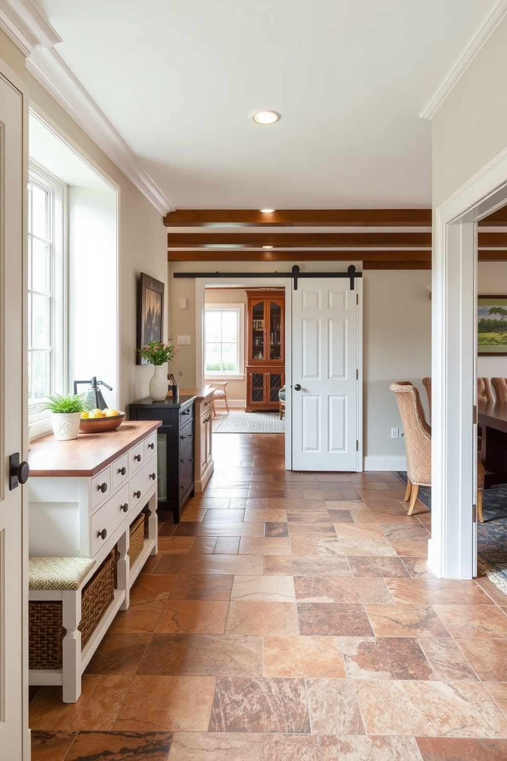 Elegant tile flooring for durability creates a seamless transition between the mudroom and family room. The rich textures and colors of the tiles enhance the inviting atmosphere while ensuring practicality for everyday use.