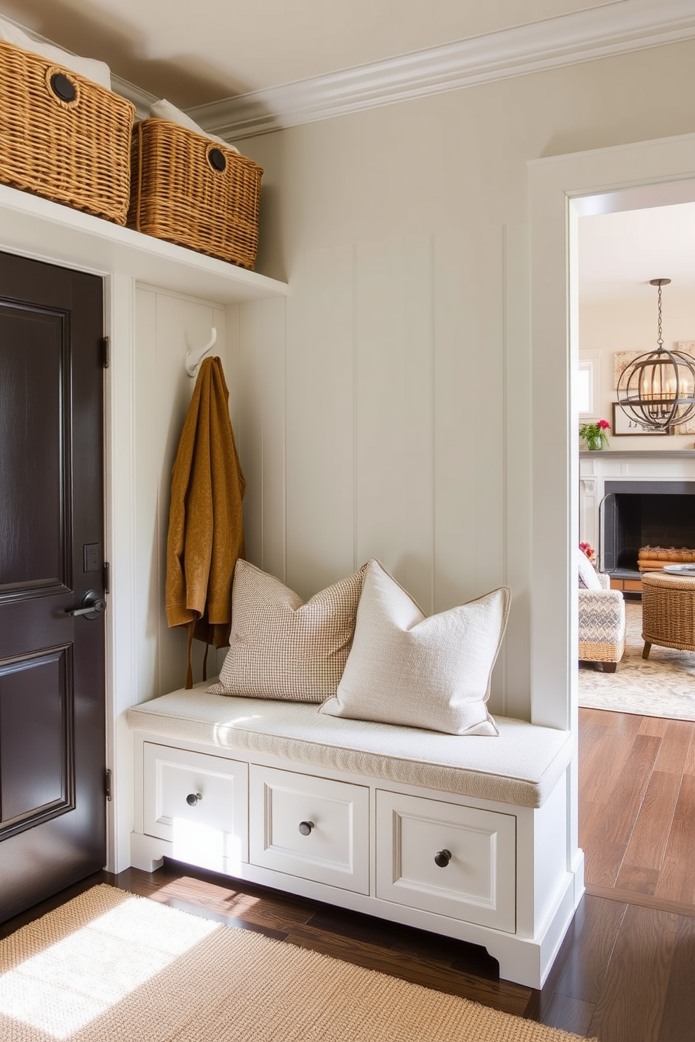 A vibrant mudroom features a colorful accent wall adorned with whimsical wallpaper showcasing playful patterns. The space is designed for functionality, with built-in storage benches and hooks for coats, seamlessly connecting to the adjacent family room.