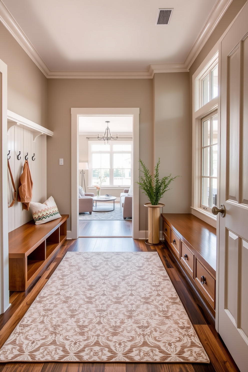 A stylish area rug is placed in the mudroom, adding warmth and texture to the space. The rug features a geometric pattern in neutral tones, complementing the earthy color palette of the room. The mudroom is designed with built-in storage benches and hooks for convenience. Large windows allow natural light to flood in, creating a welcoming transition area near the family room.